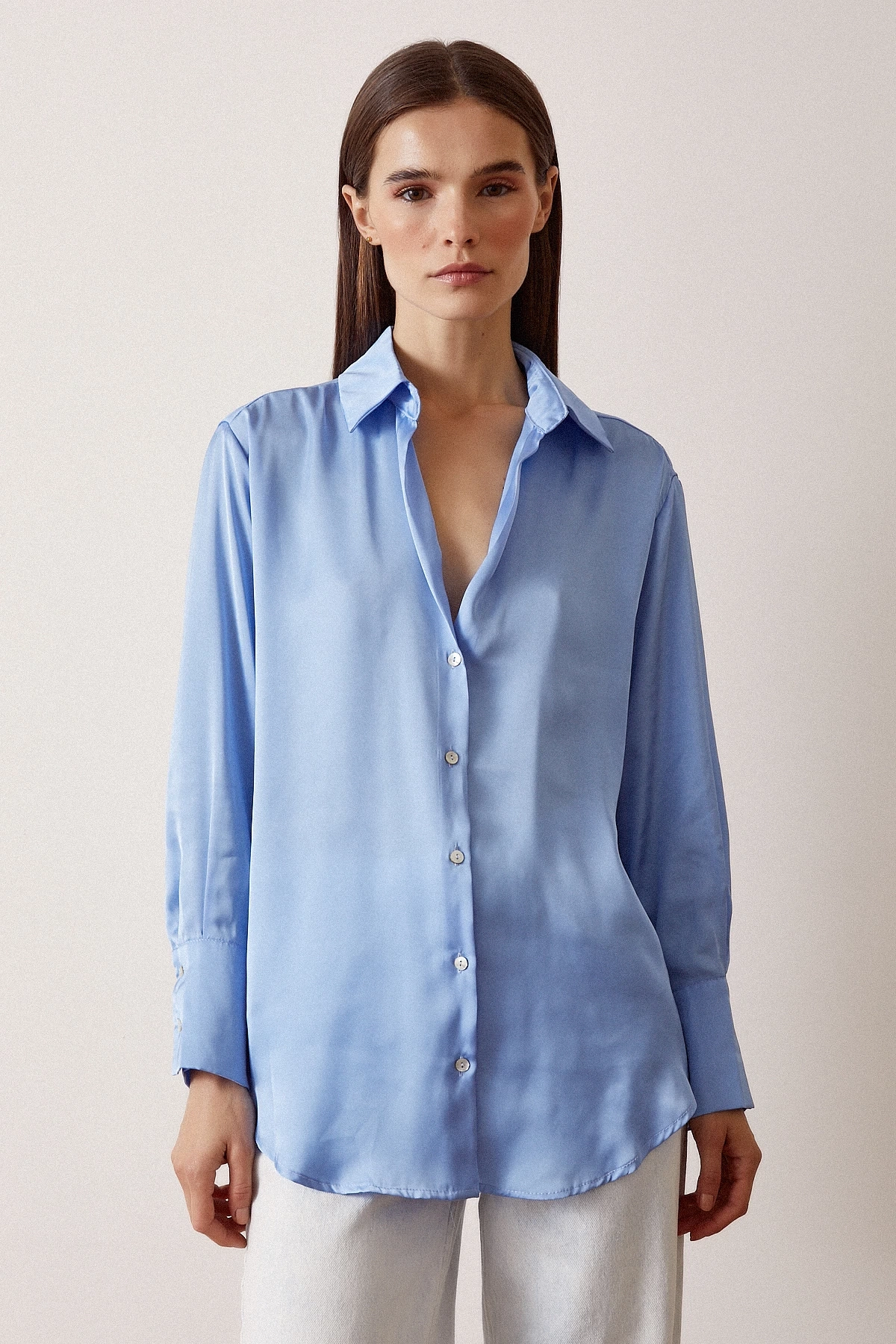 Basic Saten Gömlek Açık Mavi