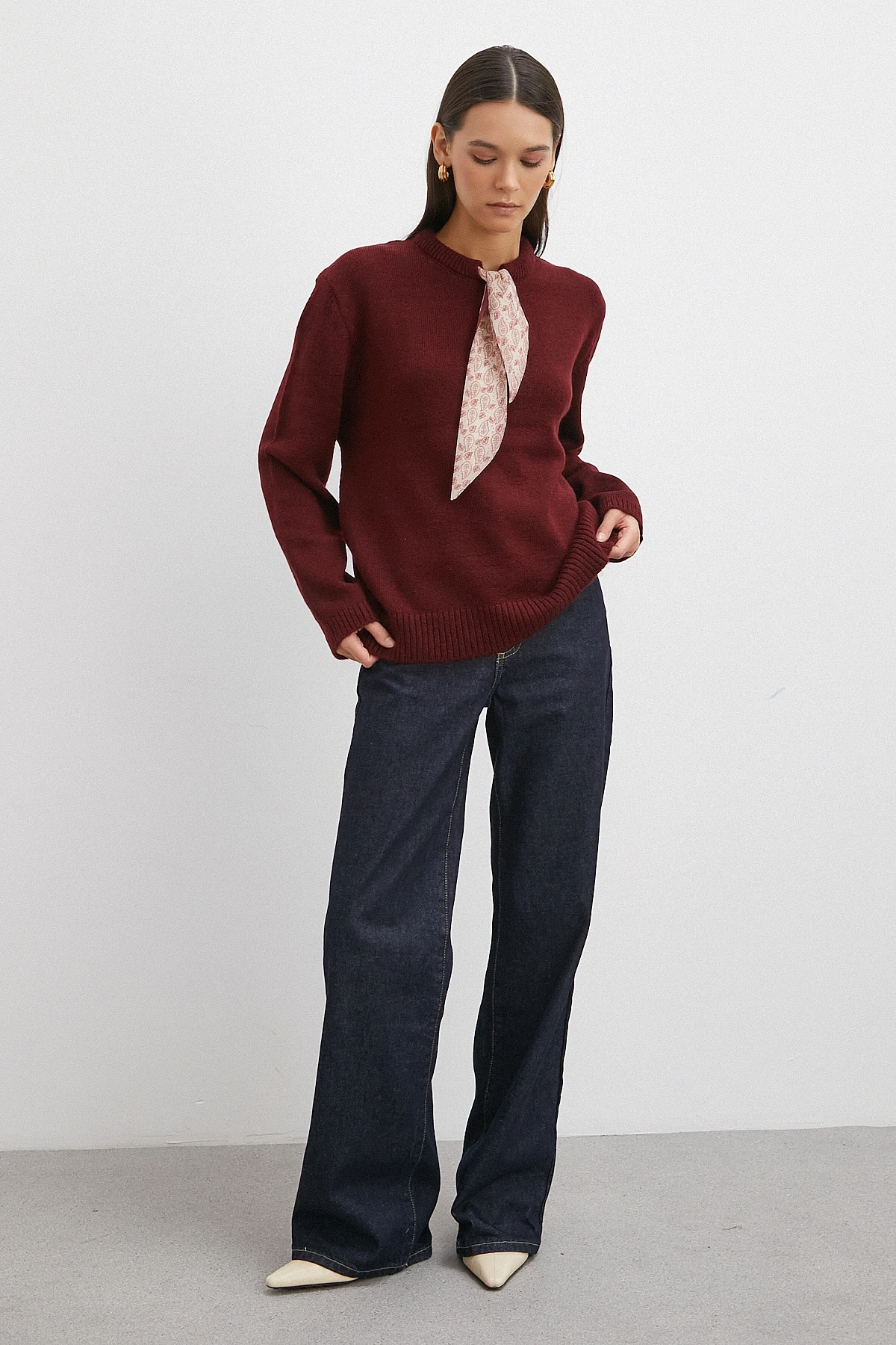 Fularlı Uzun Kollu Kazak Kahve