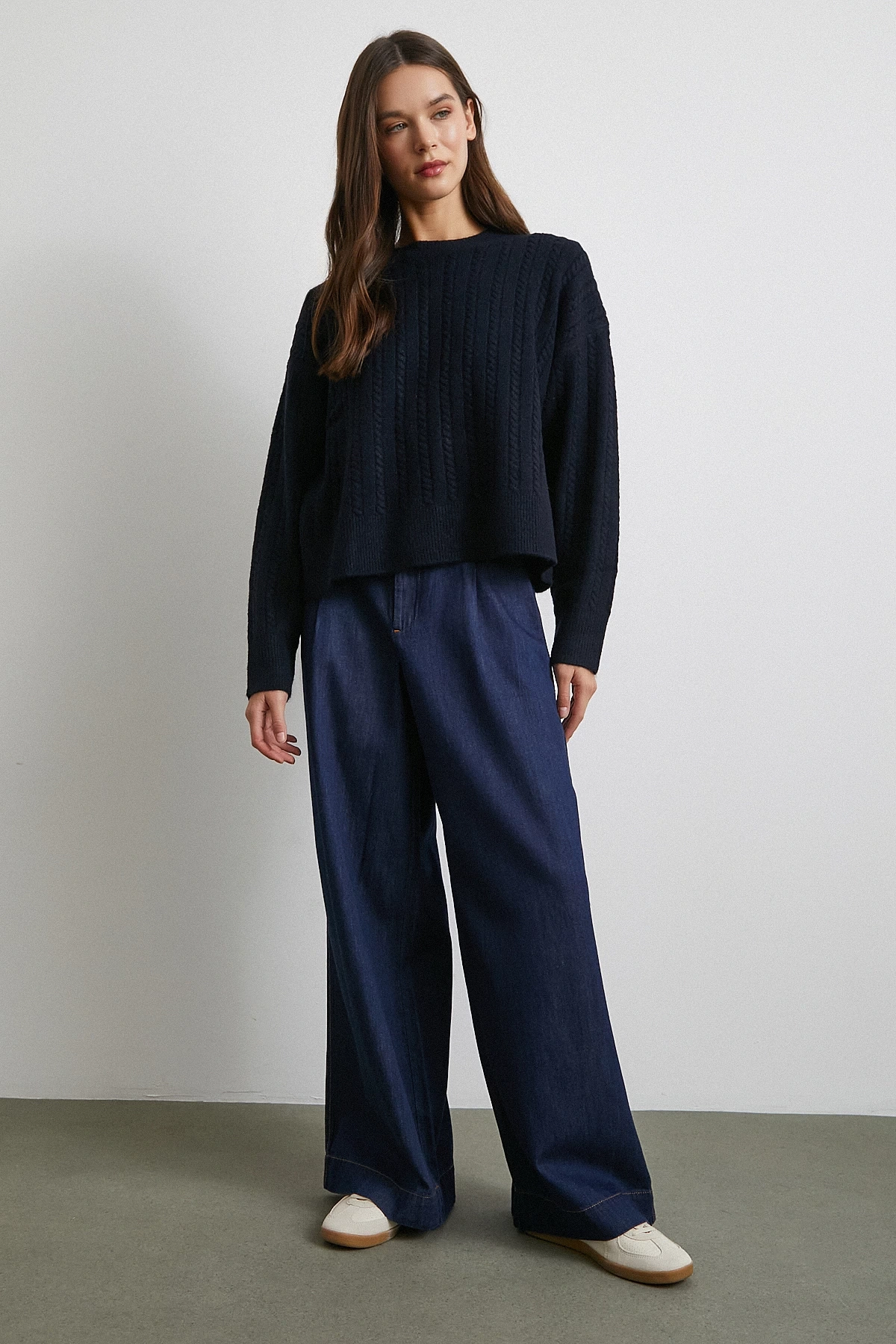 Yüksek Bel Geniş Paça Jean Lacivert