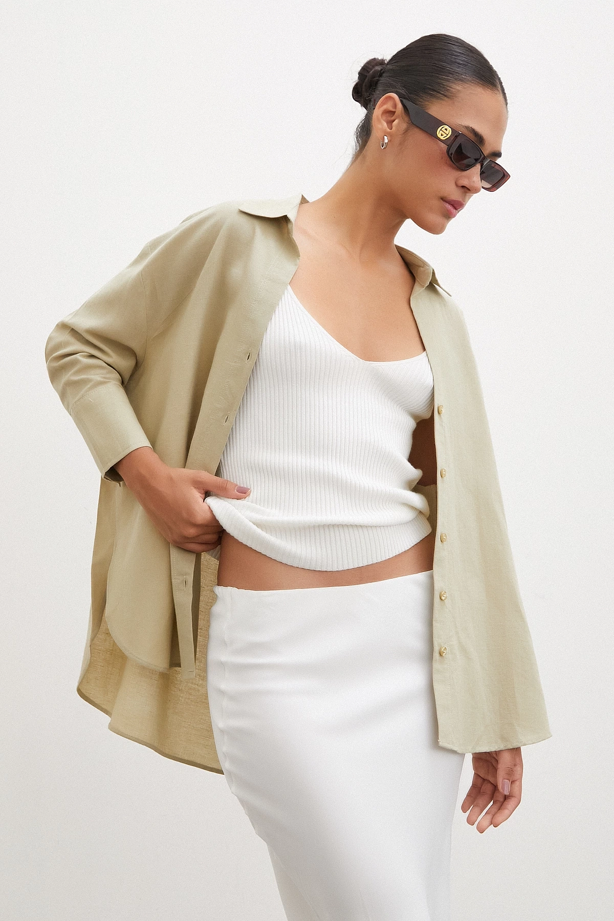 Yırtmaçlı Fakir Kol Gömlek Yeşil