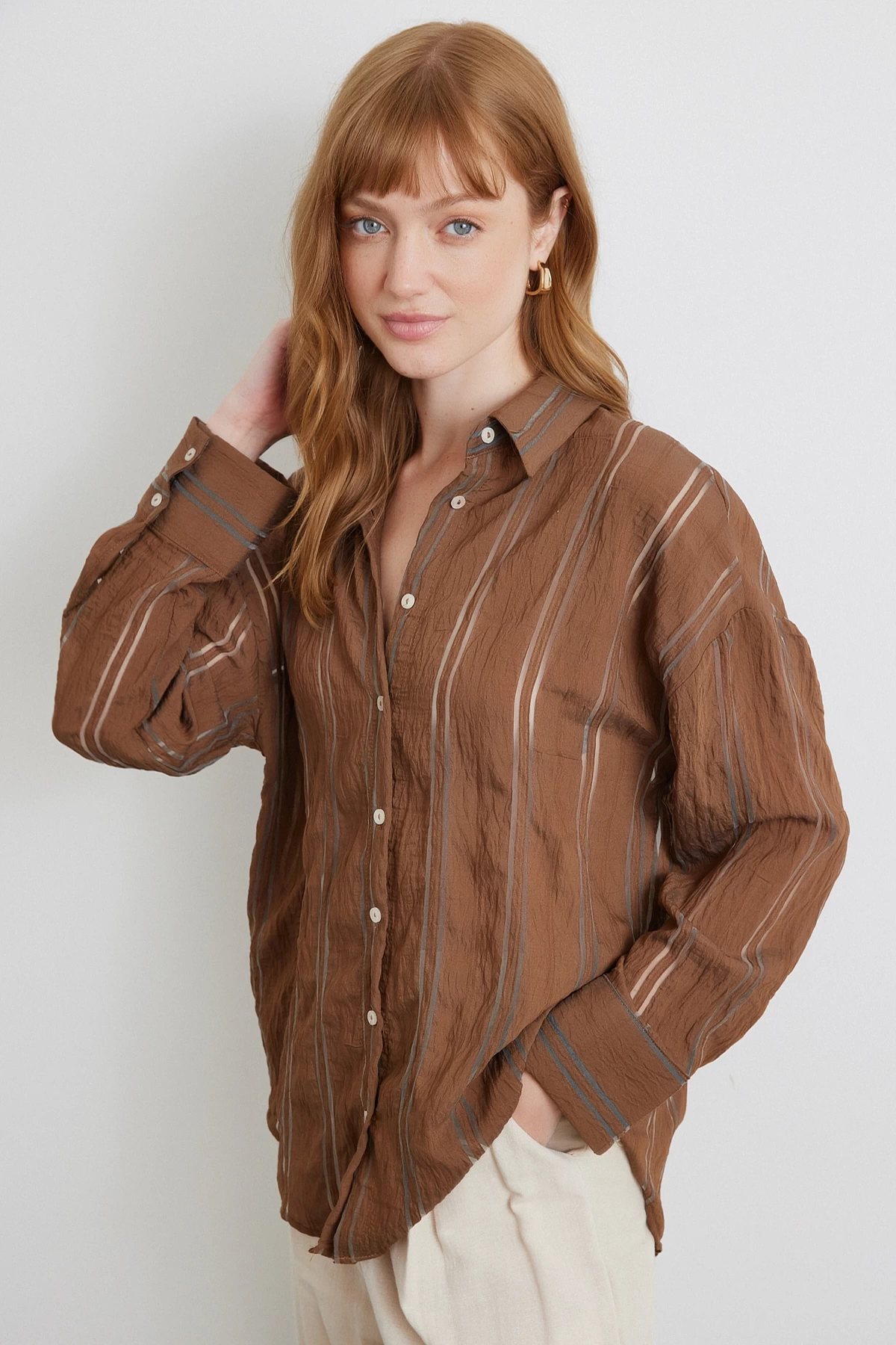 Organze Çizgili Gömlek Kahve
