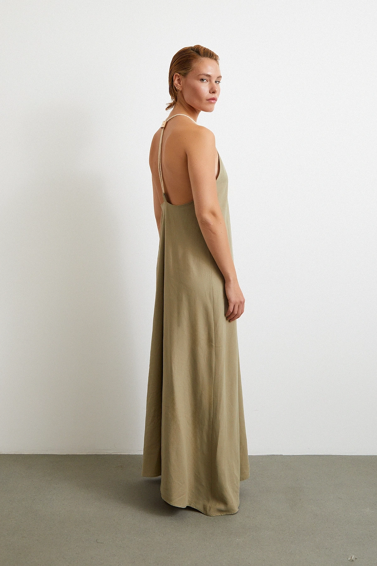 İp Askılı Keten Elbise Haki