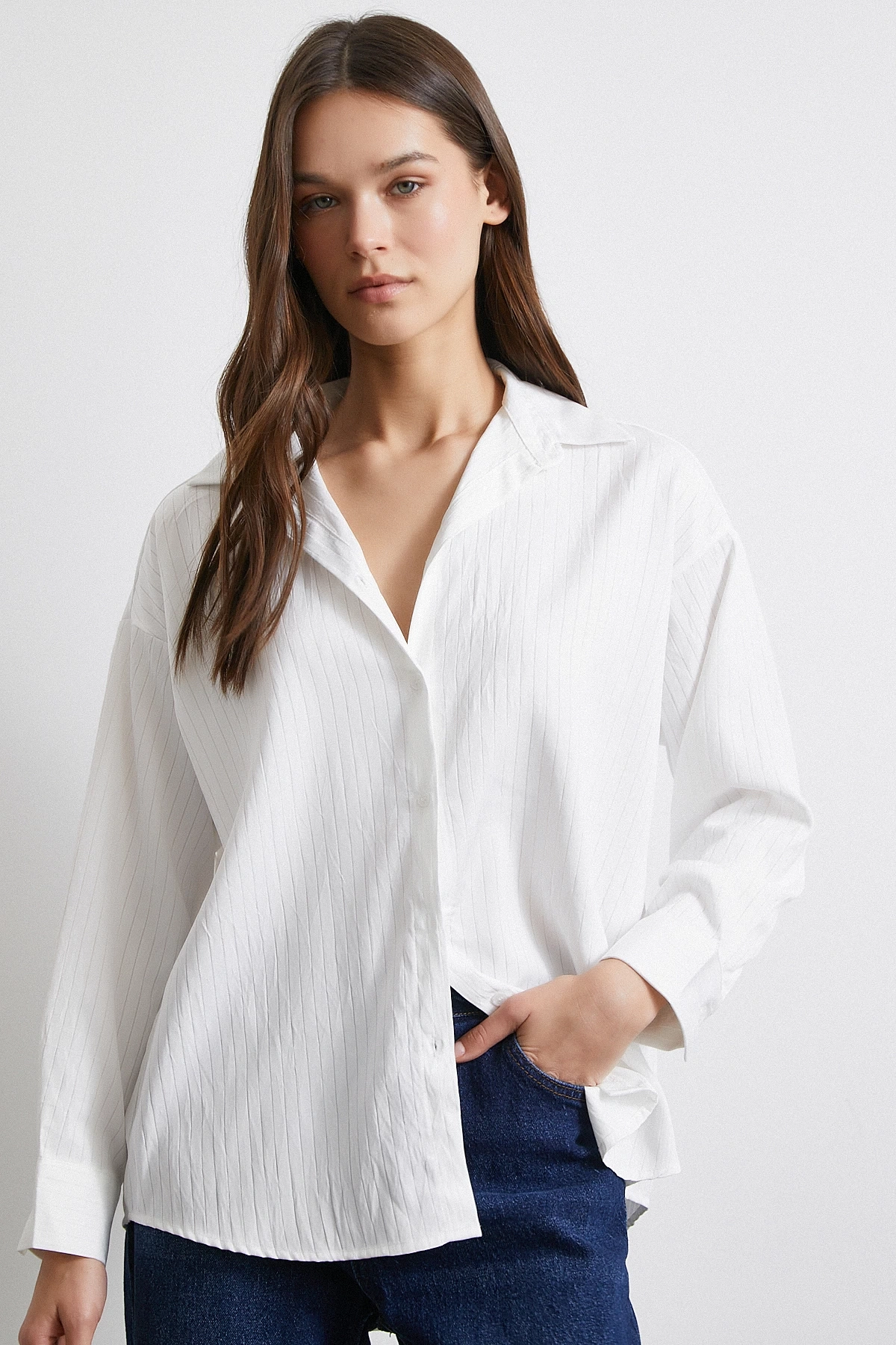 Diagonal Desen Gömlek Beyaz