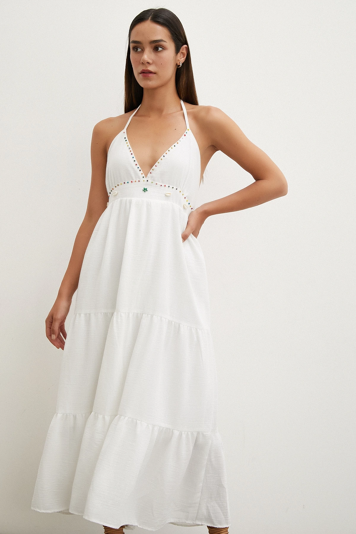 Boncuk Detay Keten Elbise Beyaz