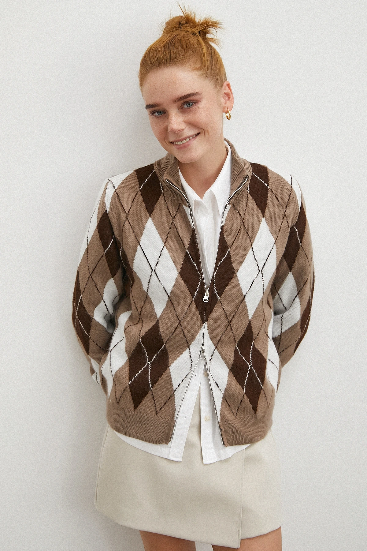 Fermuarlı Baklava Desen Kazak Kahve