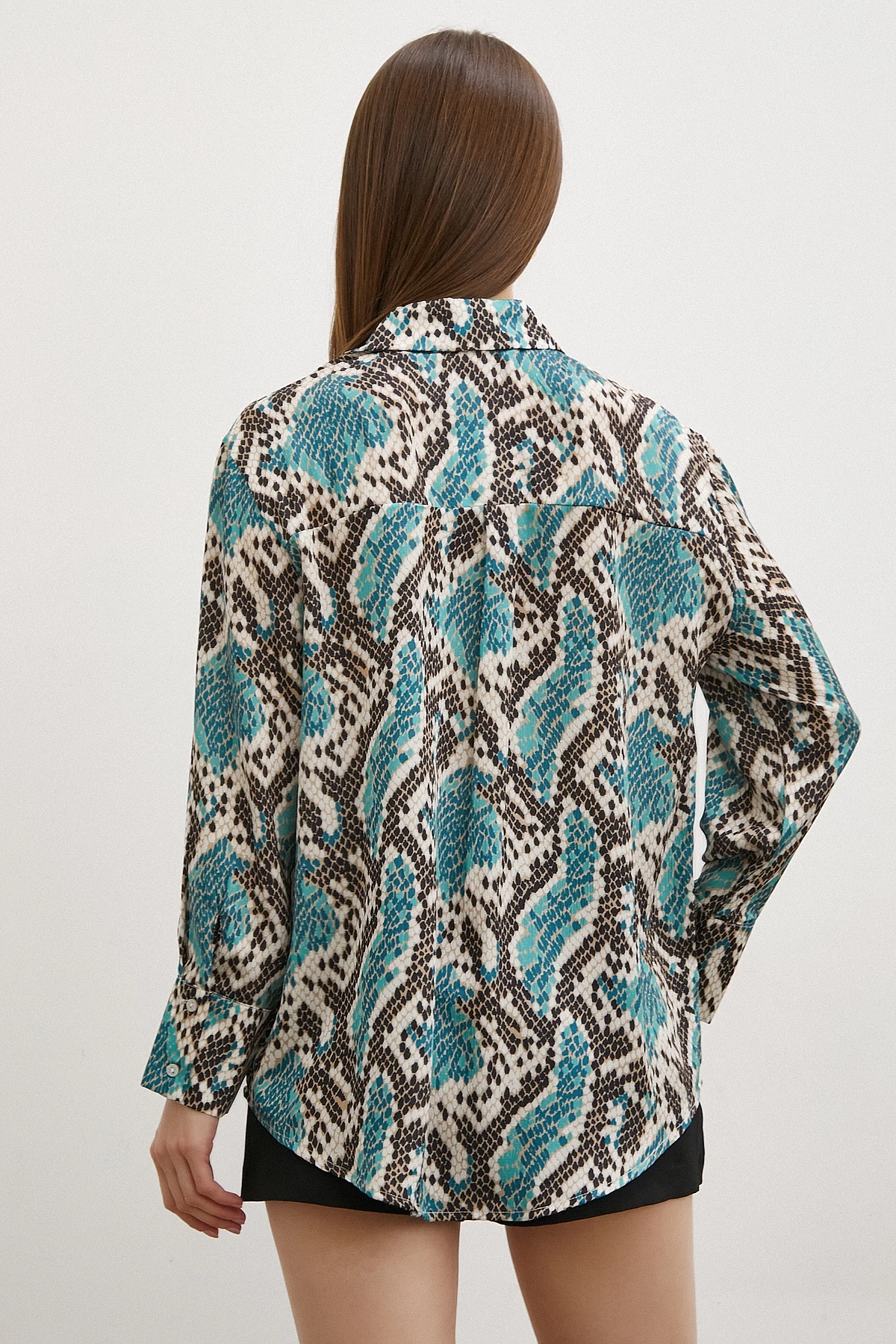 Yılan Desen Saten Gömlek Yeşil