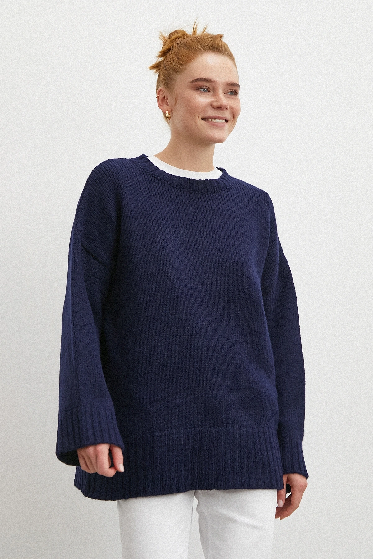 Bisiklet Yaka Fitilli Triko Kazak Lacivert