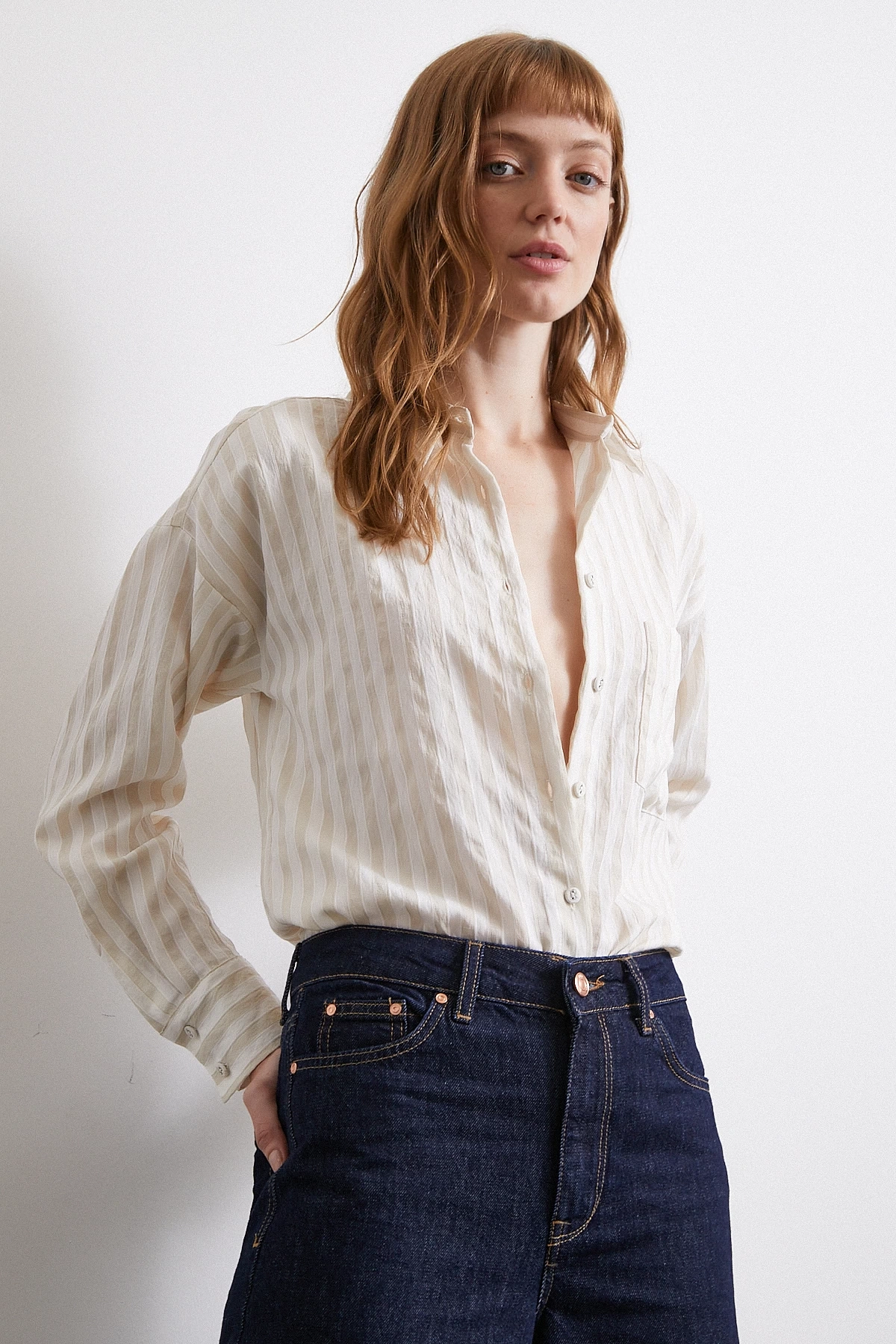 Multi Çizgili Cepli Gömlek Bej