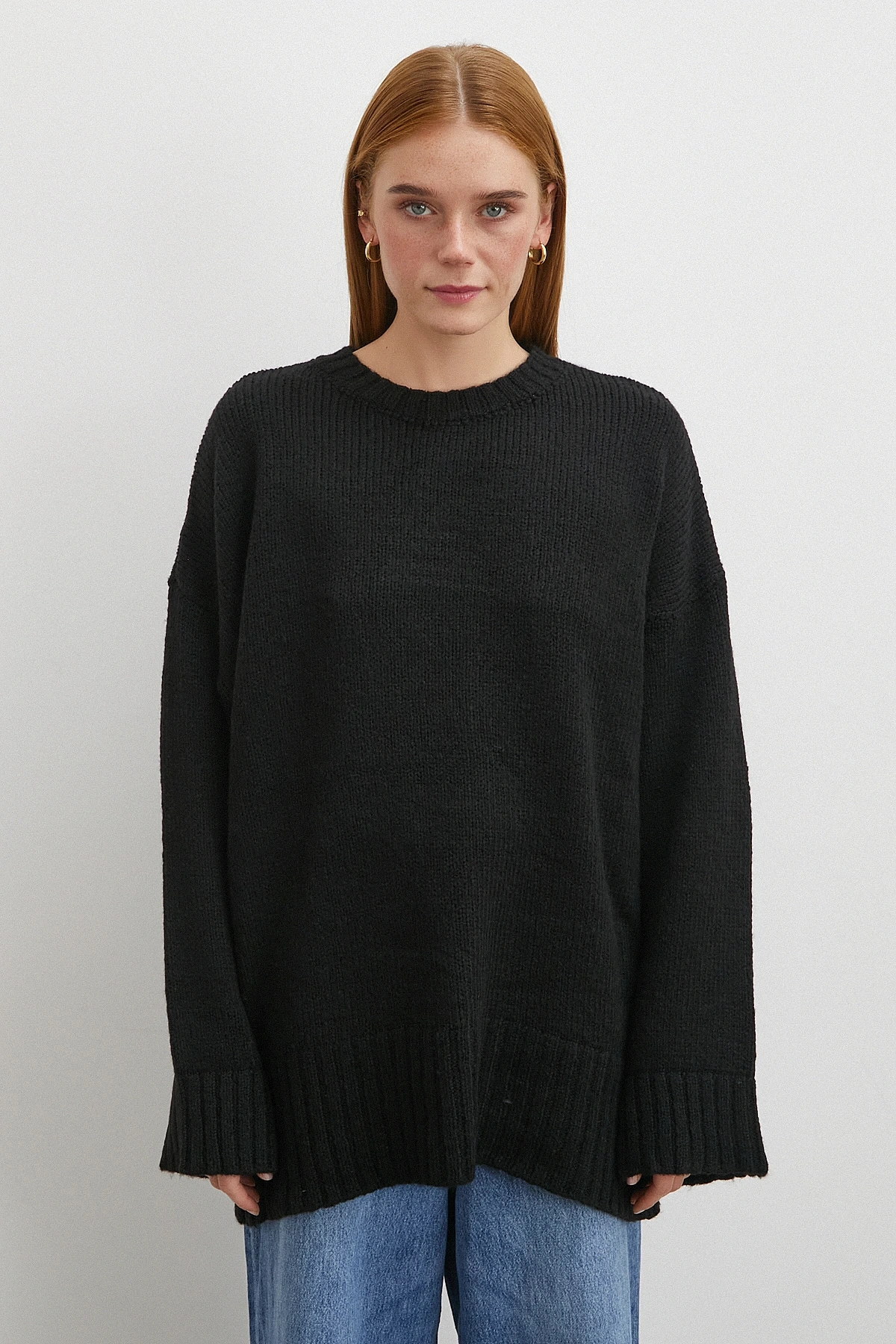 Bisiklet Yaka Fitilli Triko Kazak Siyah