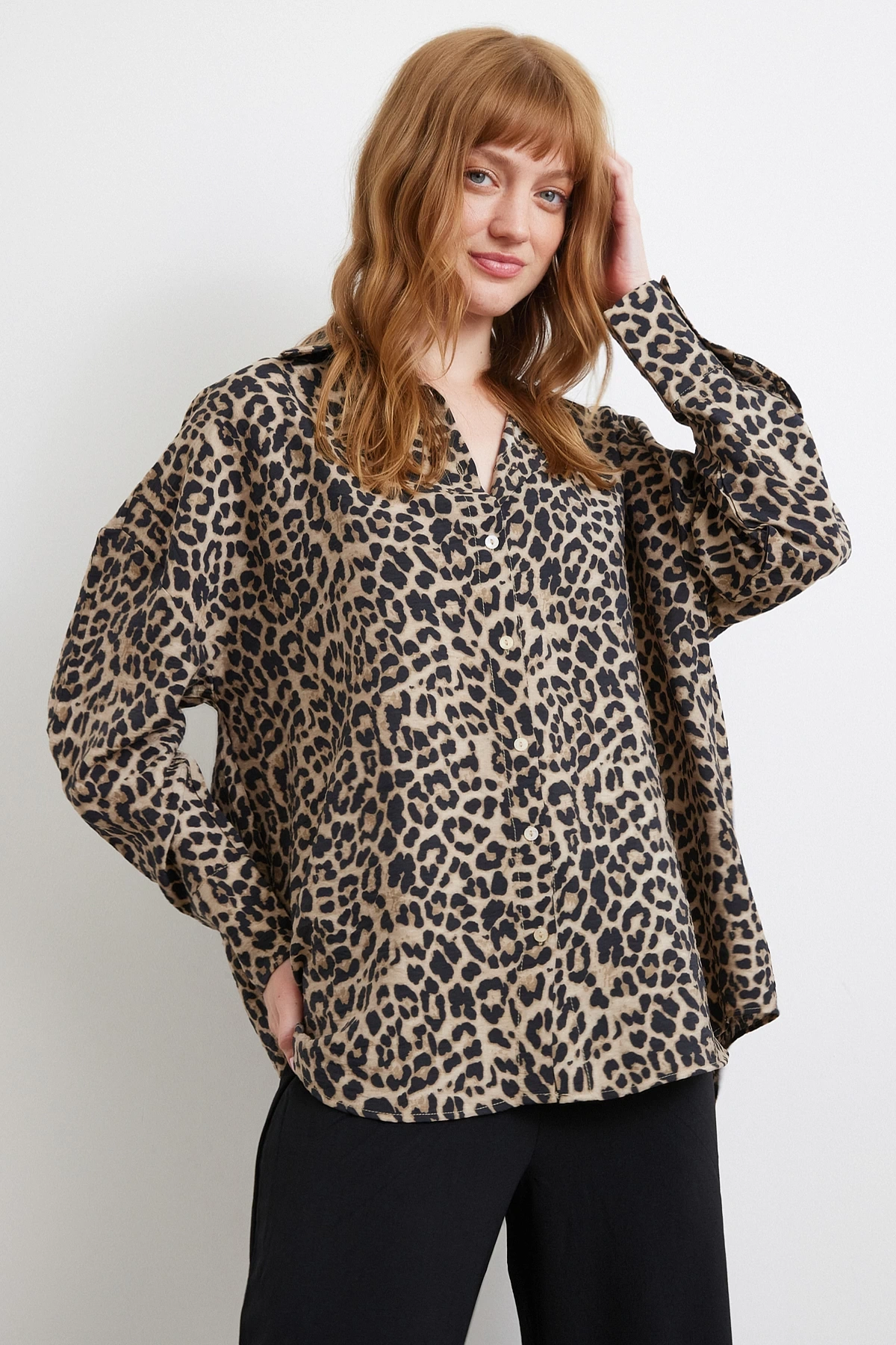 Leopar Desen Javanez Gömlek Siyah