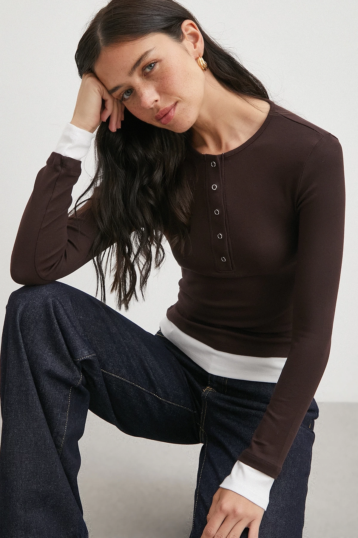 Garnili Çıtçıtlı Bluz Kahve