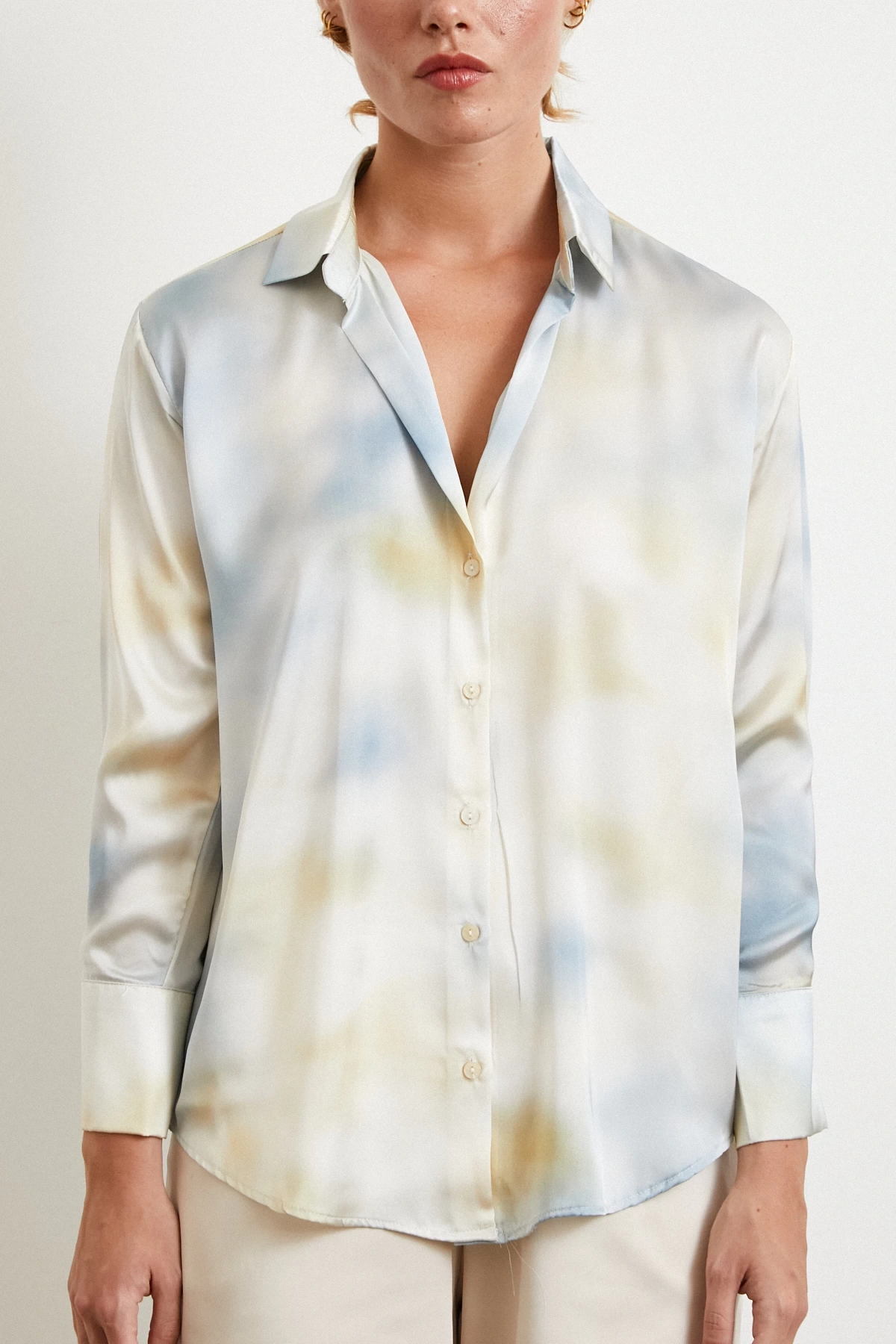 Ebruli Desen Saten GömleK Buz Mavisi