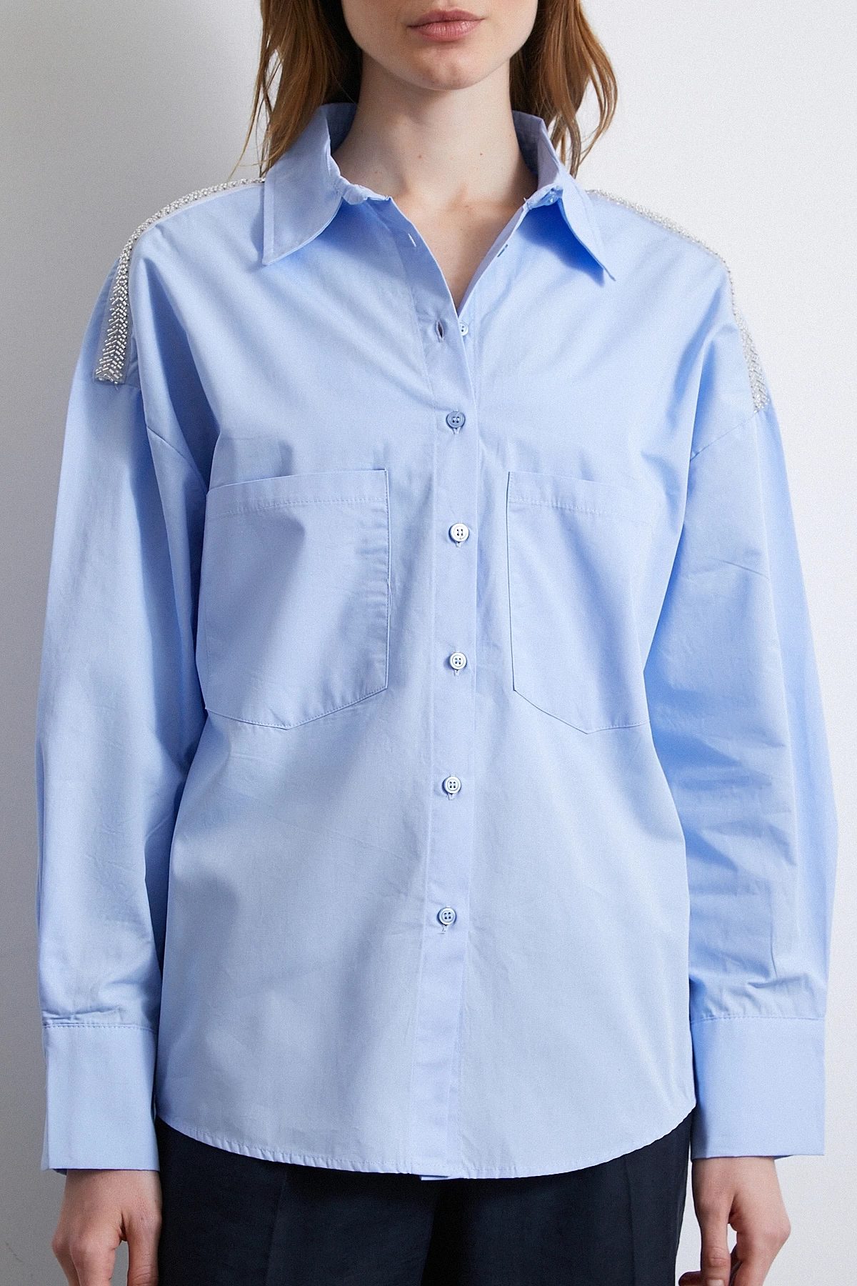 Omuzda Boncuk Detaylı  Oversize Gömlek Mavi