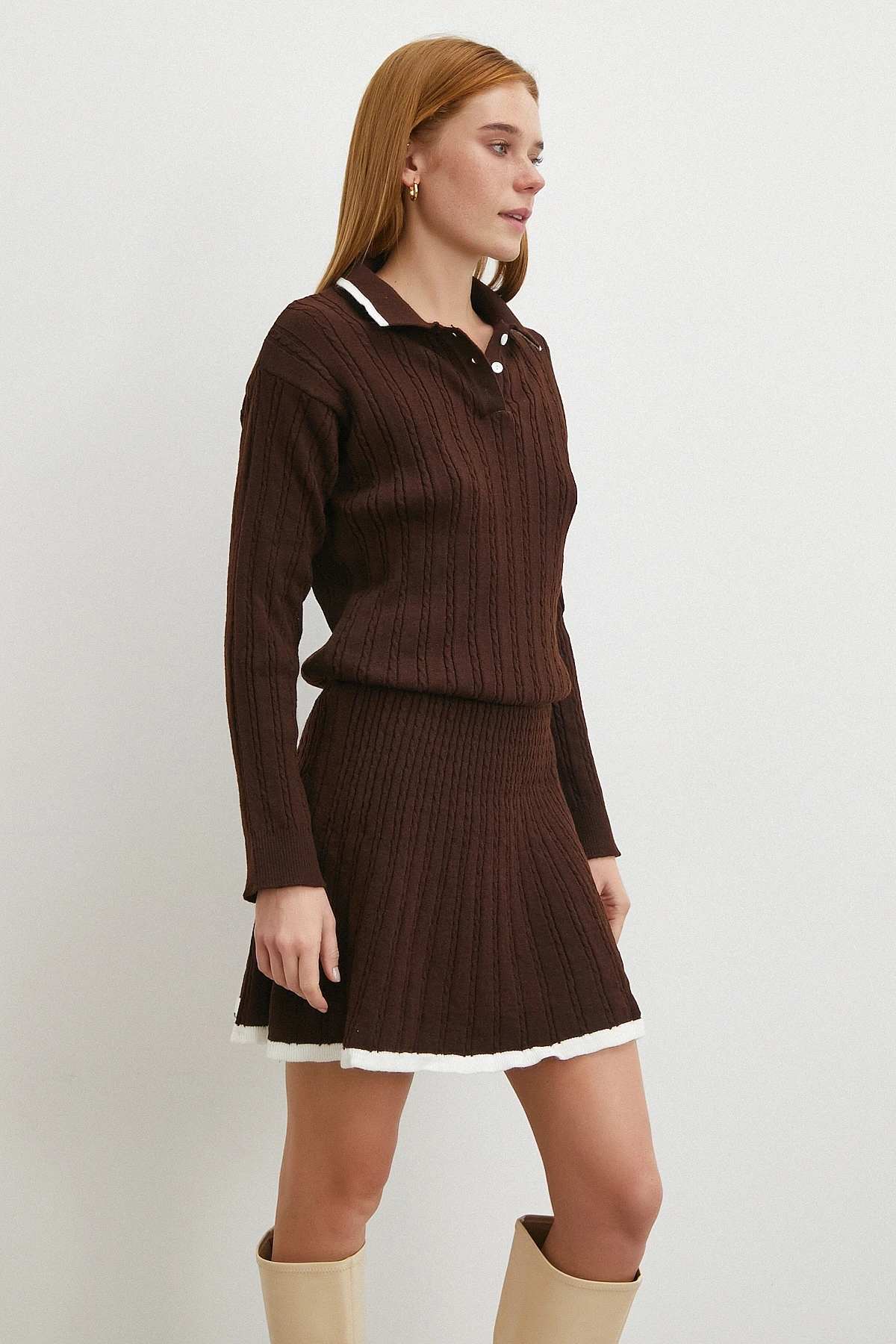 Polo Yaka Etekli Takım Kahve