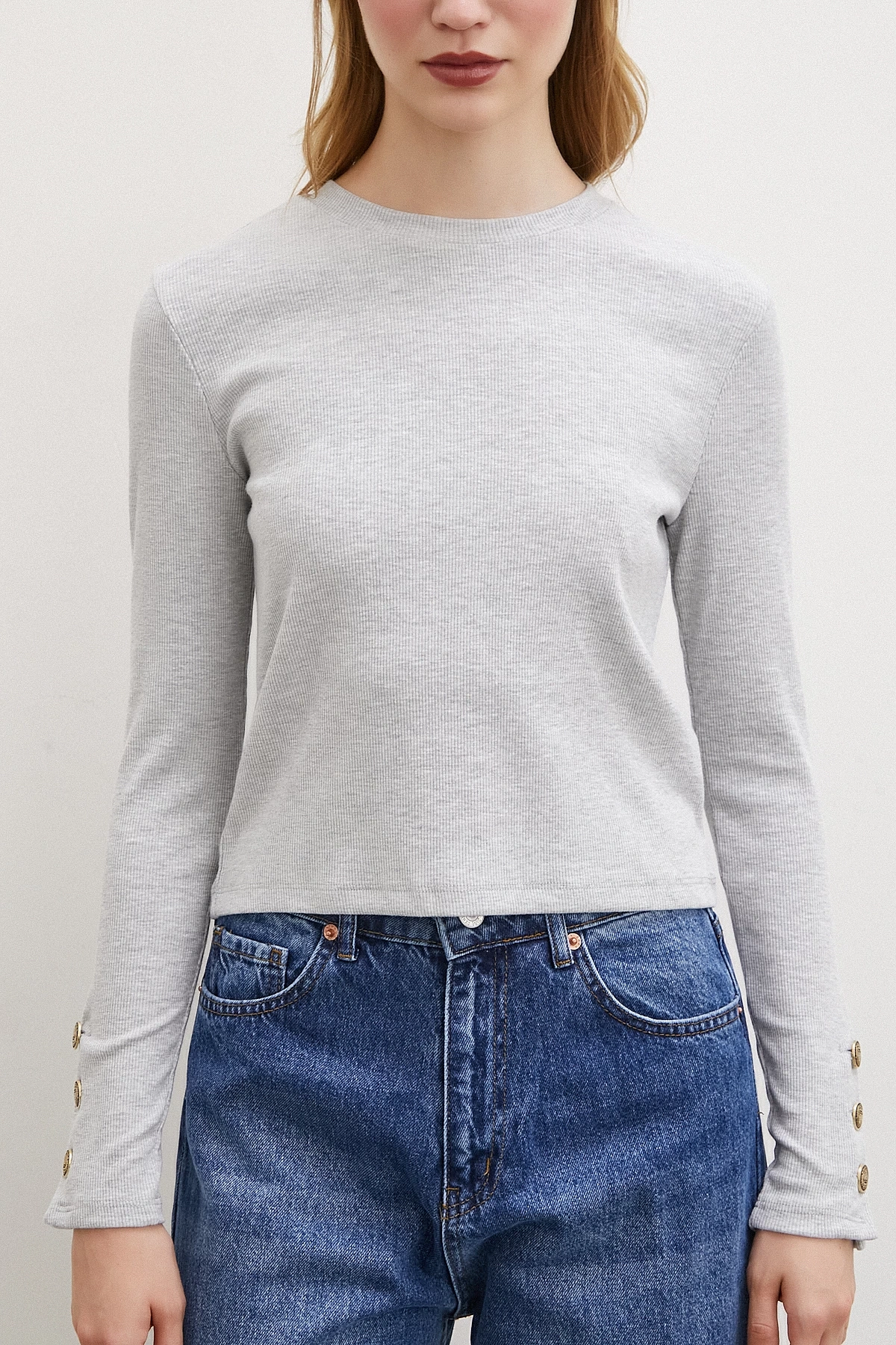 Kollu Düğmeli Bluz Gri