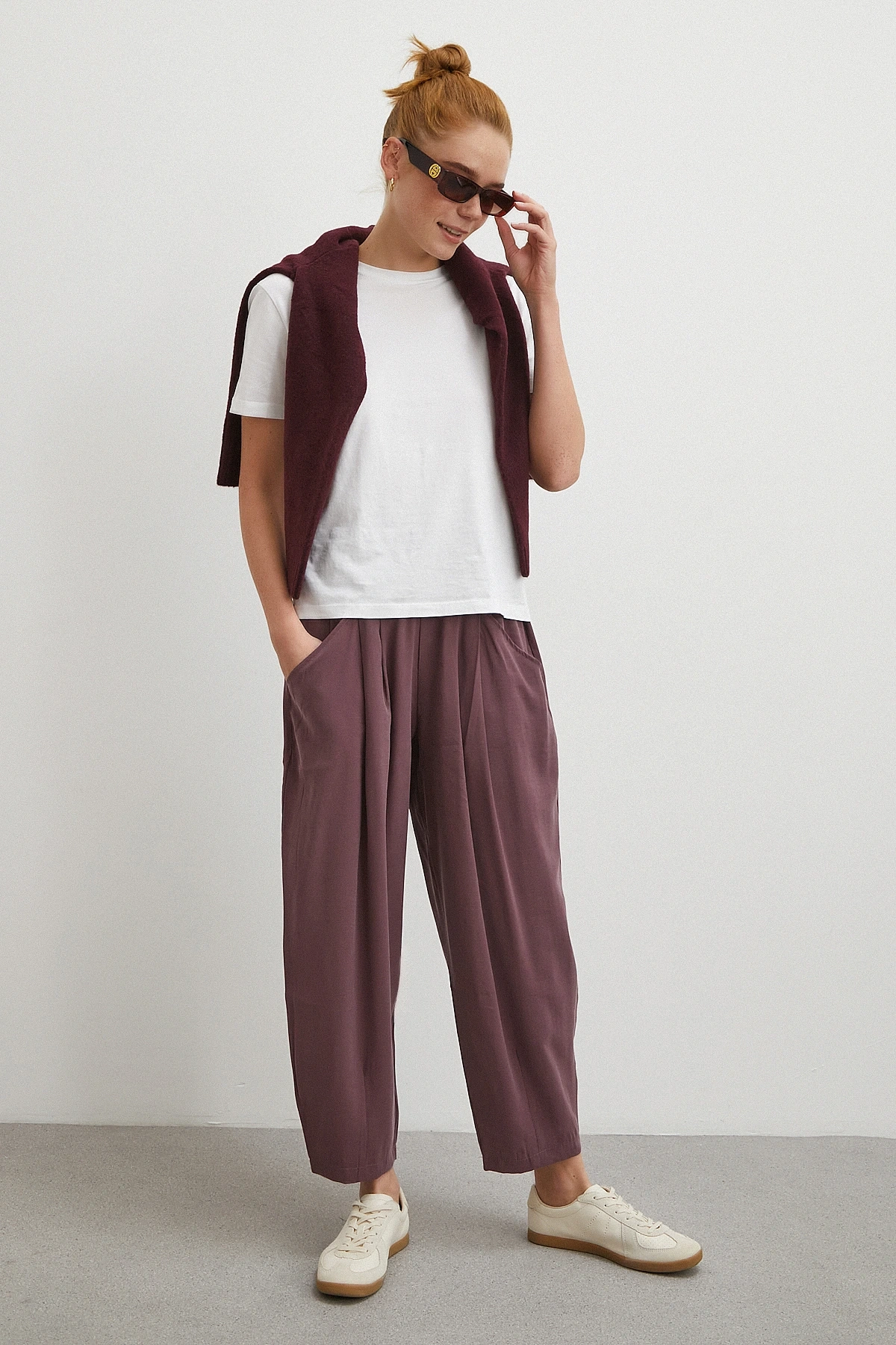 Bağcıklı Beli Lastikli Pileli Pantolon Mürdüm