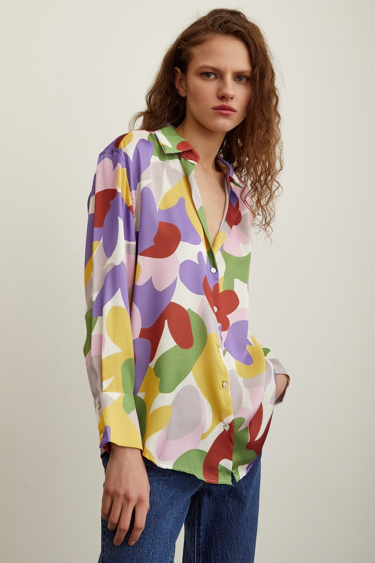 Desenli Saten Gömlek Lila