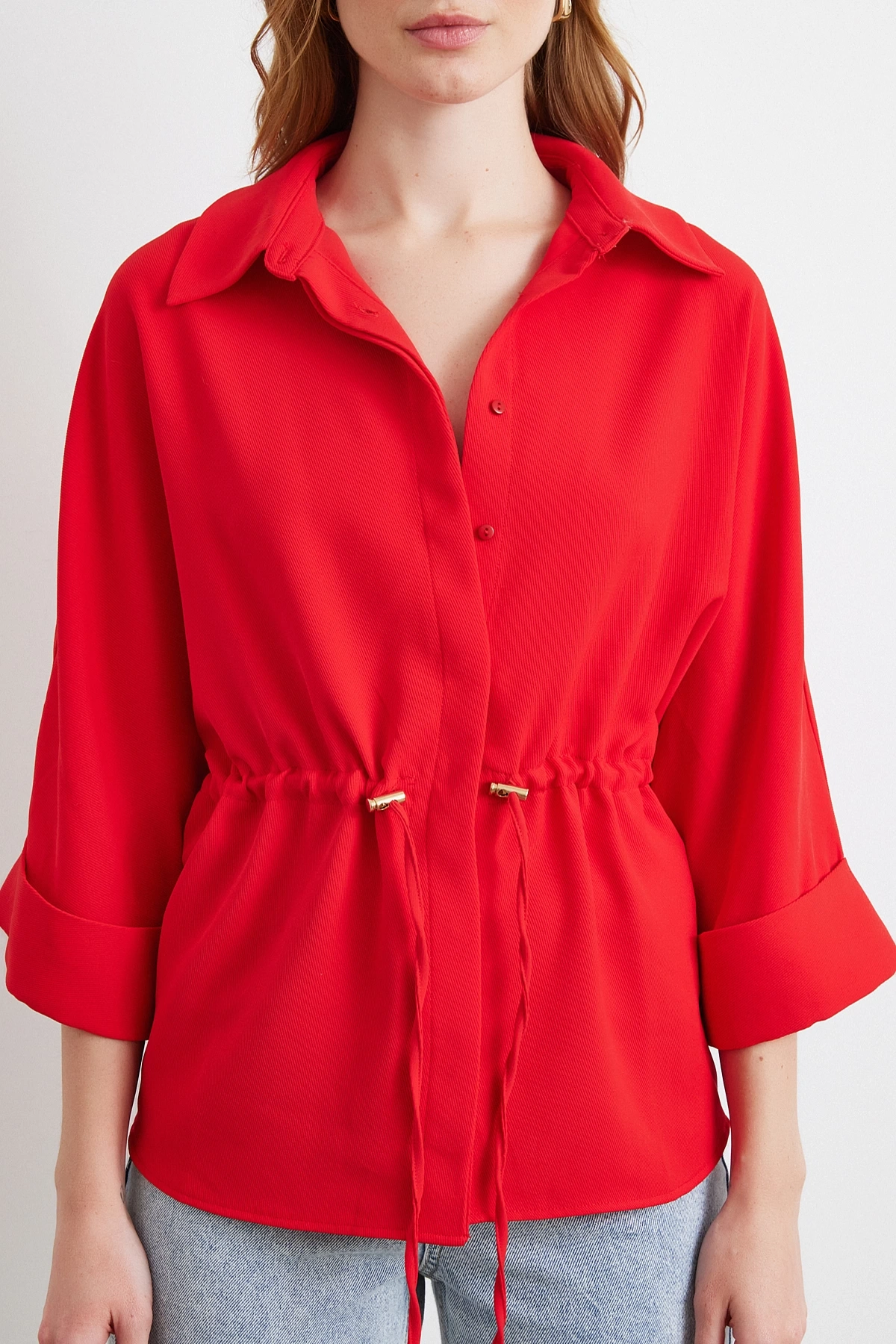 Büzgülü Kimono Gömlek Kırmızı