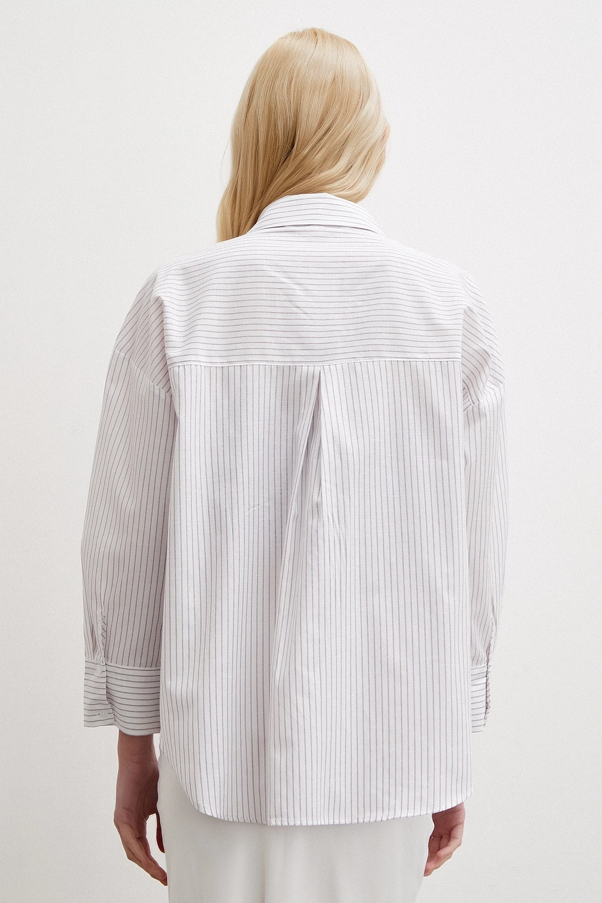 Çizgili Pamuklu Gömlek Ekru