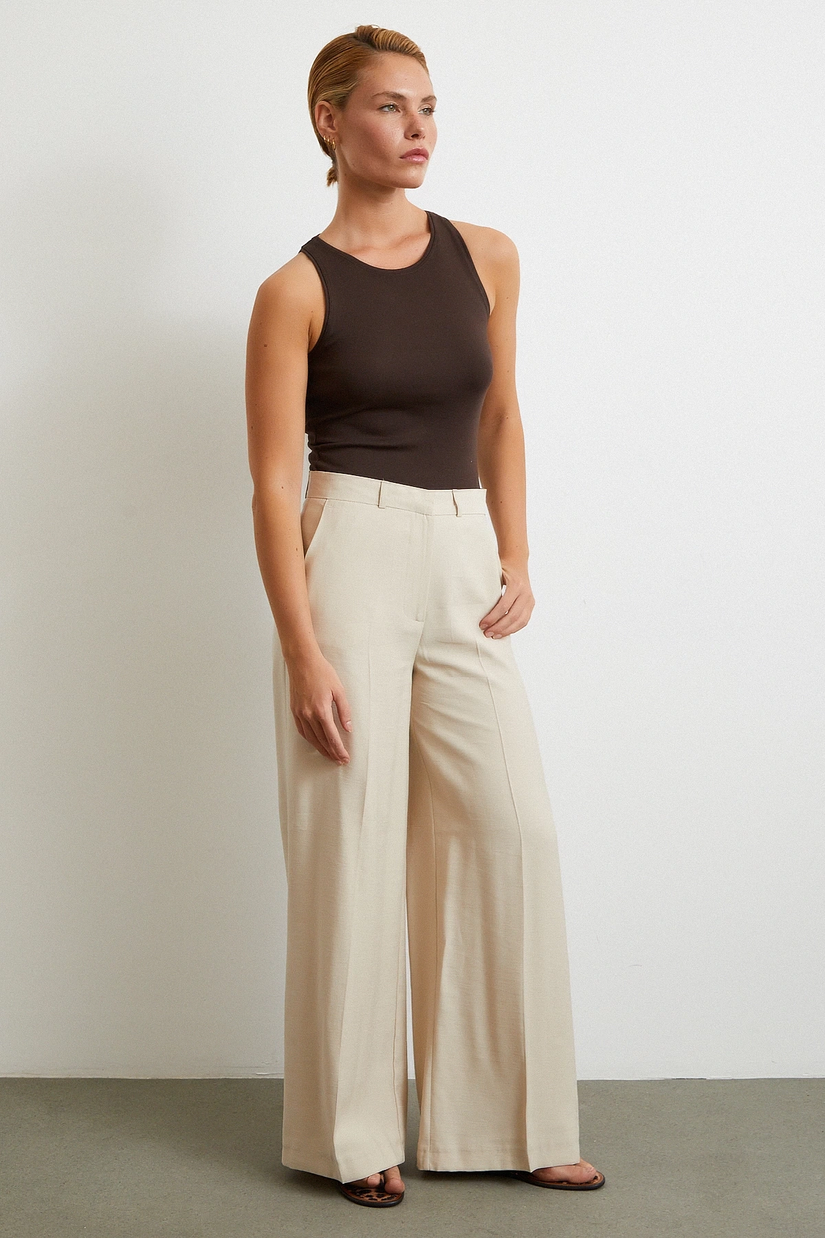 Geniş Paça Palazzo Pantolon Taş