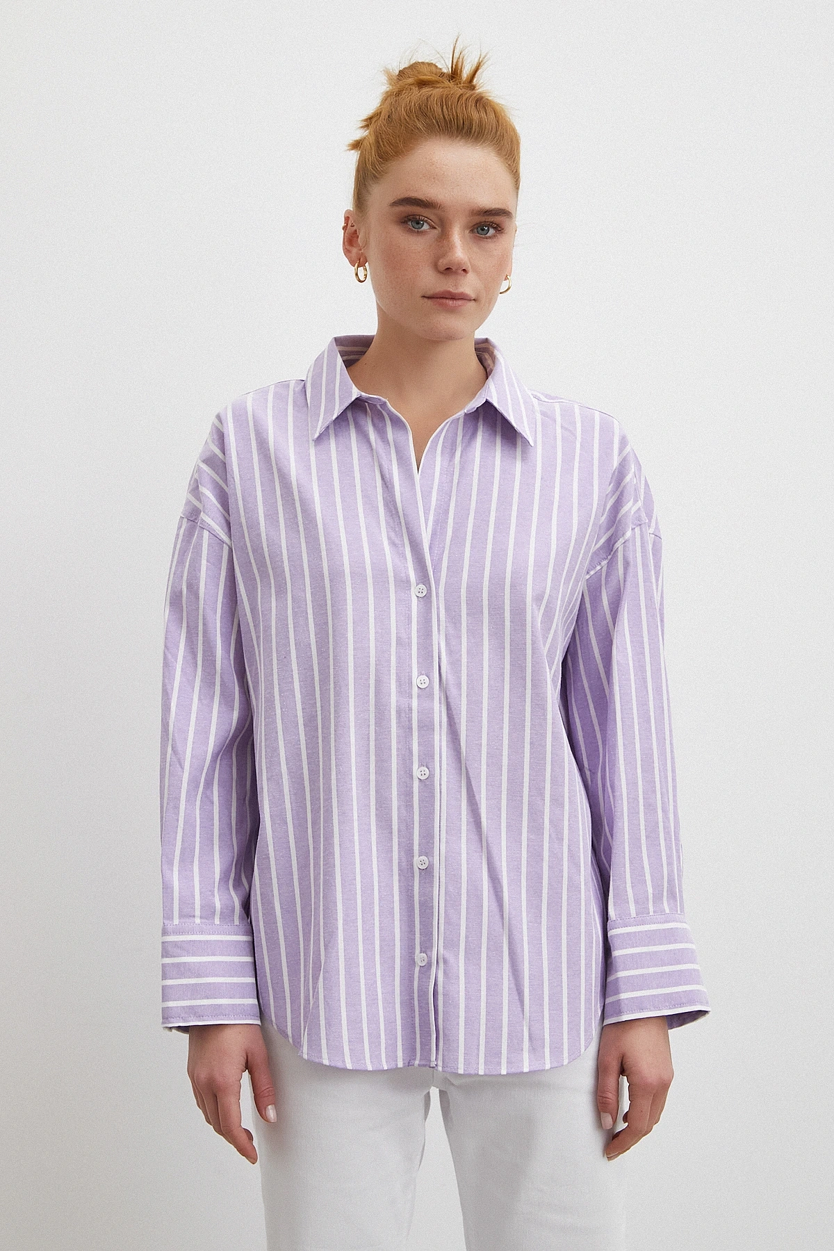 Uzun Kollu Çizgili Gömlek Lila