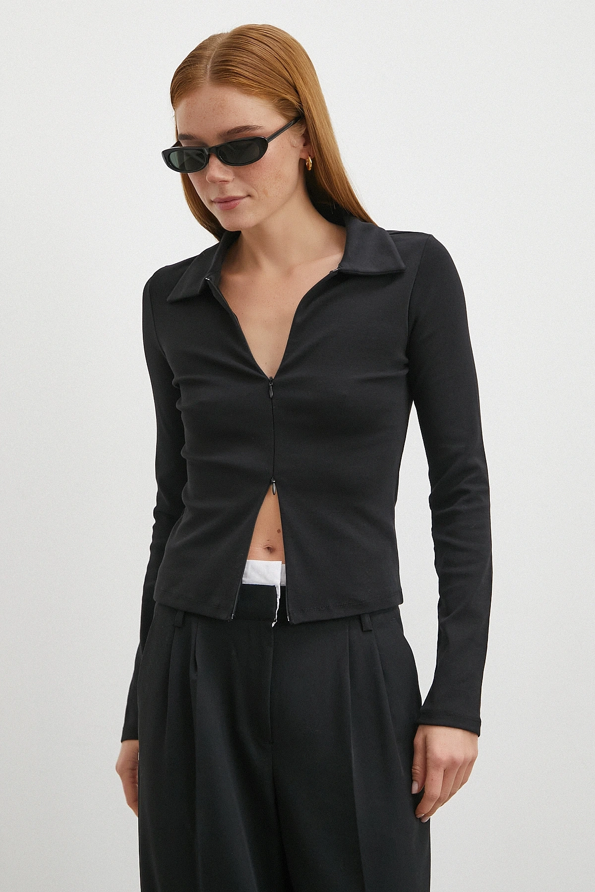 Yakalı Çift Fermuarlı Bluz Siyah