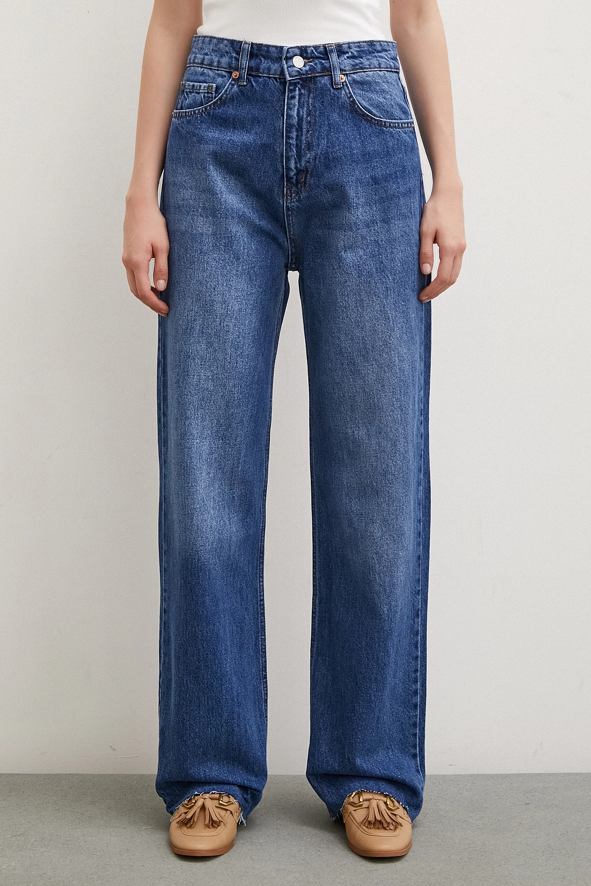 Yüksel Bel Jean Kesik Geniş Paça Mavi