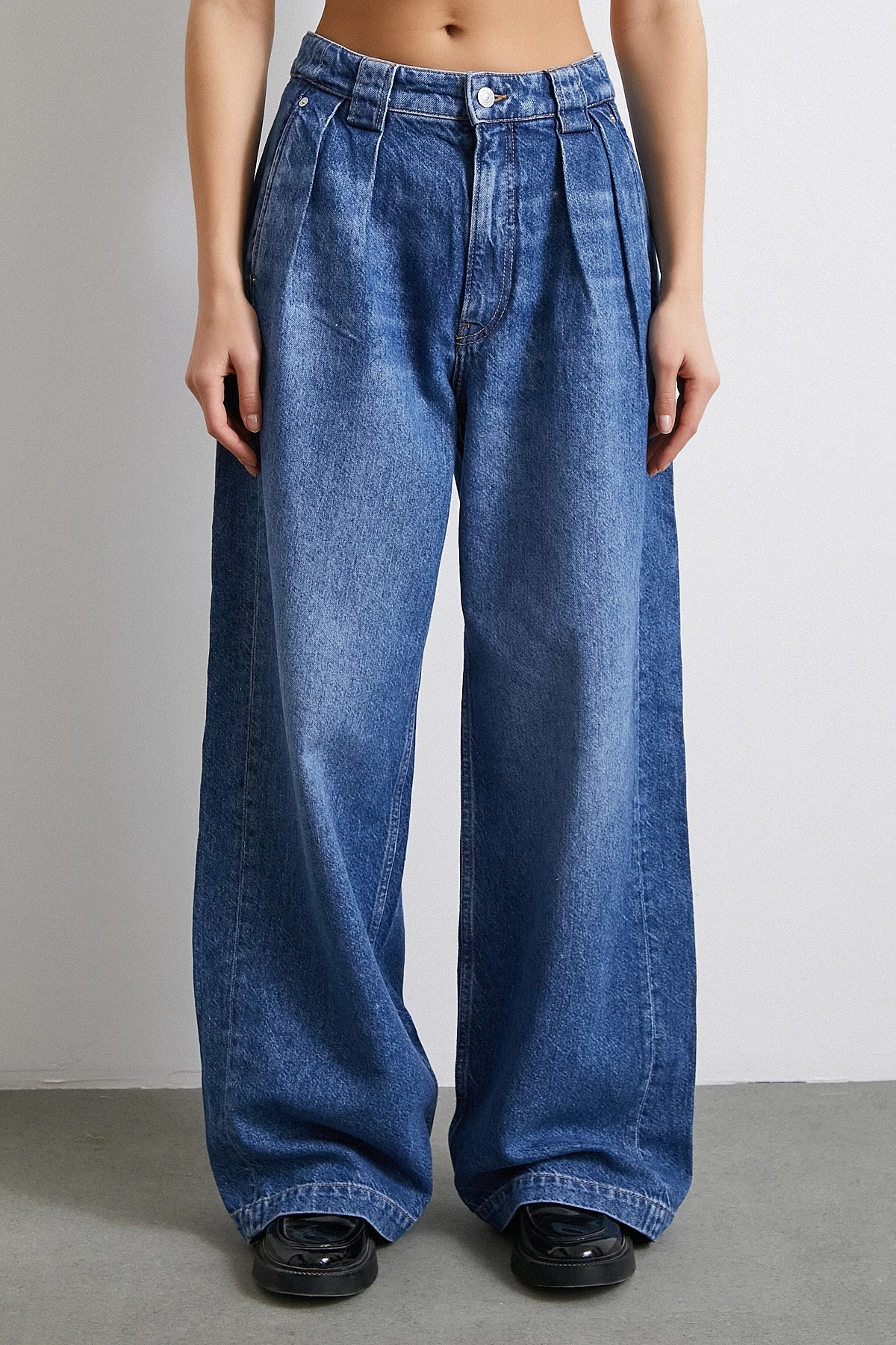 Yüksek Bel Pileli Geniş Paça Jean Mavi