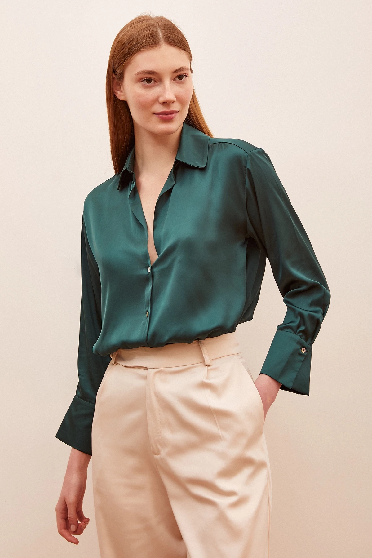 Basic Saten Gömlek Koyu Yeşil