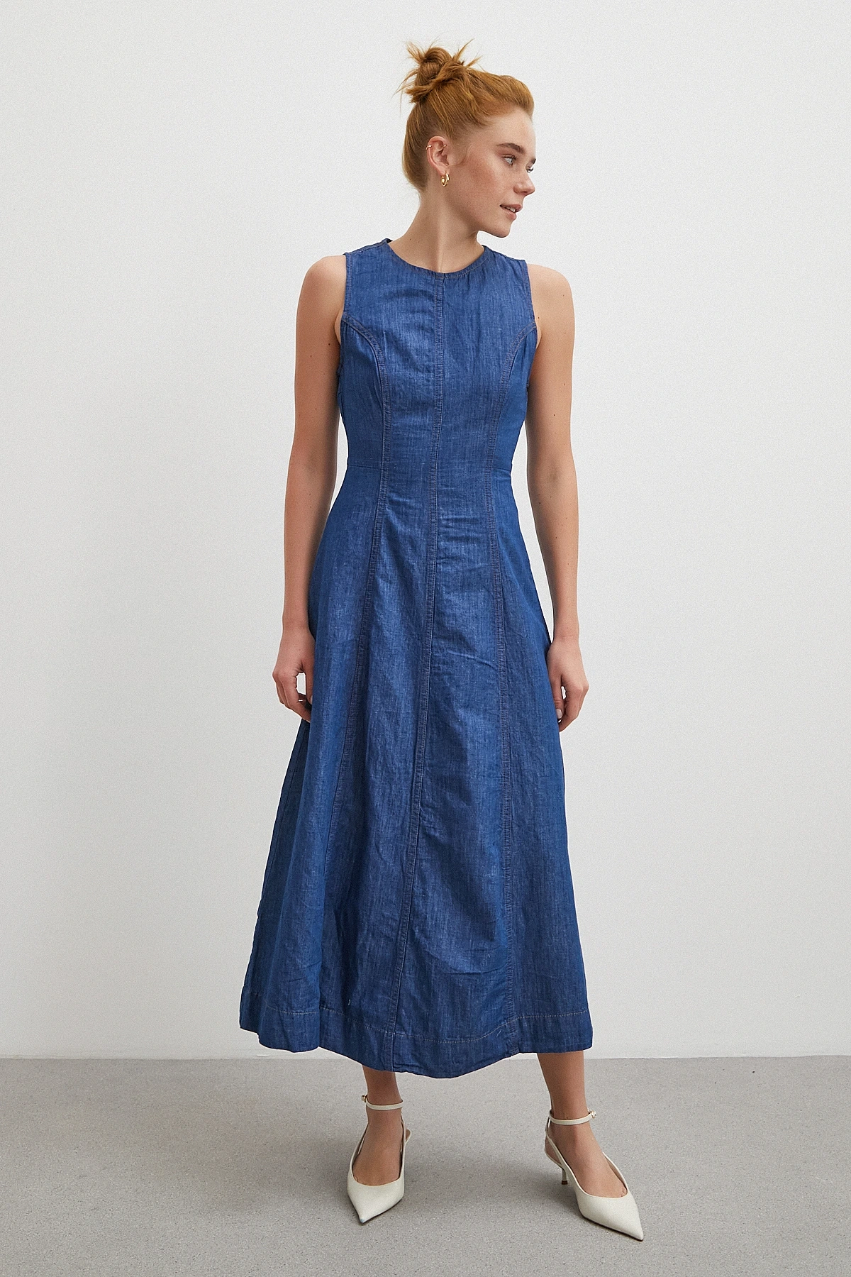 Bisiklet Yaka Kolsuz Premium Uzun Kot Elbise Lacivert