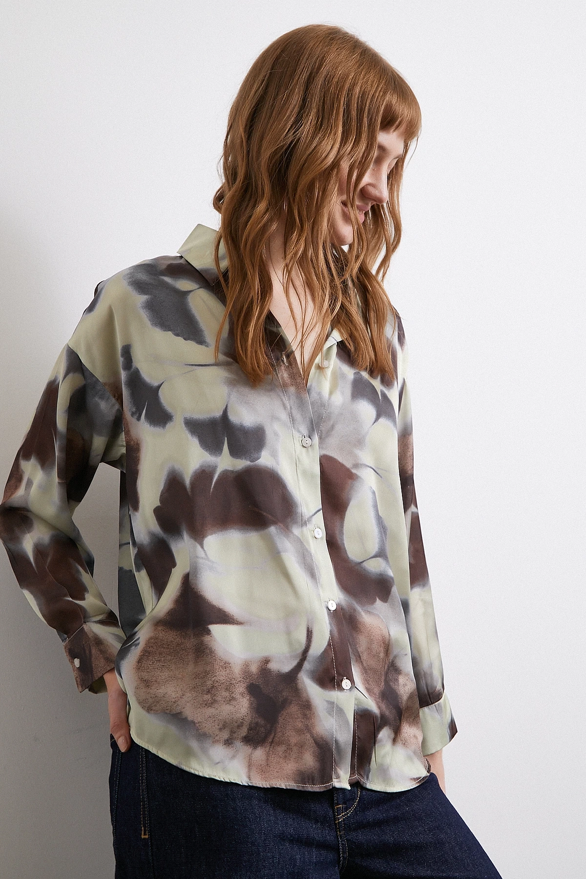 Batik Desen Saten Gömlek Kahve