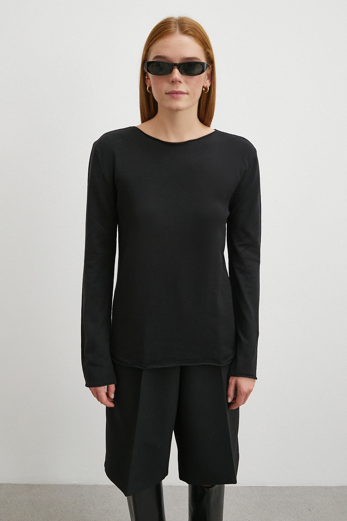 Kayık Yaka Uzun Kol Kazak Siyah