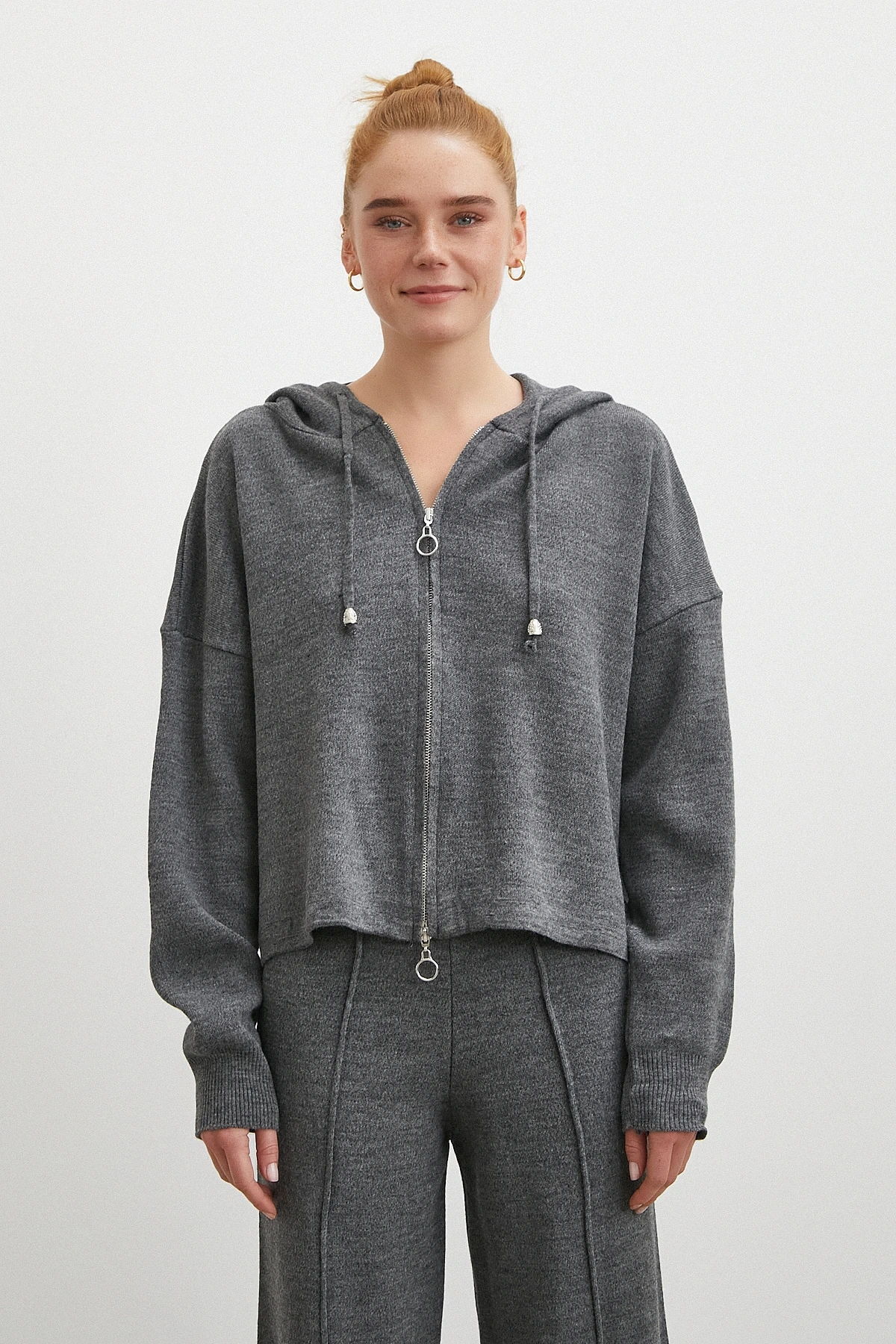 Çift Fermuarlı Kapüşonlu Pantolonlu Takım Gri