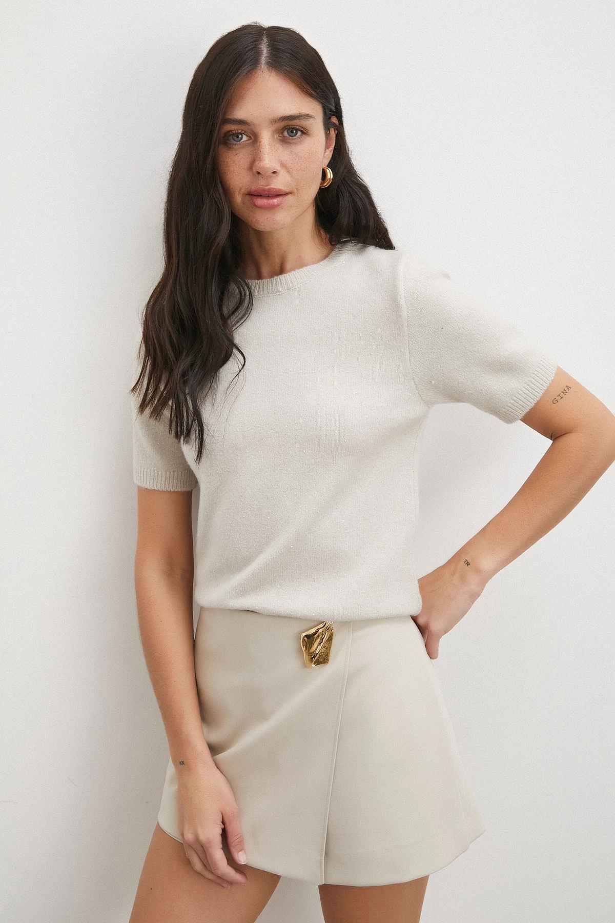 Simli Kısa Kol Kazak Bej