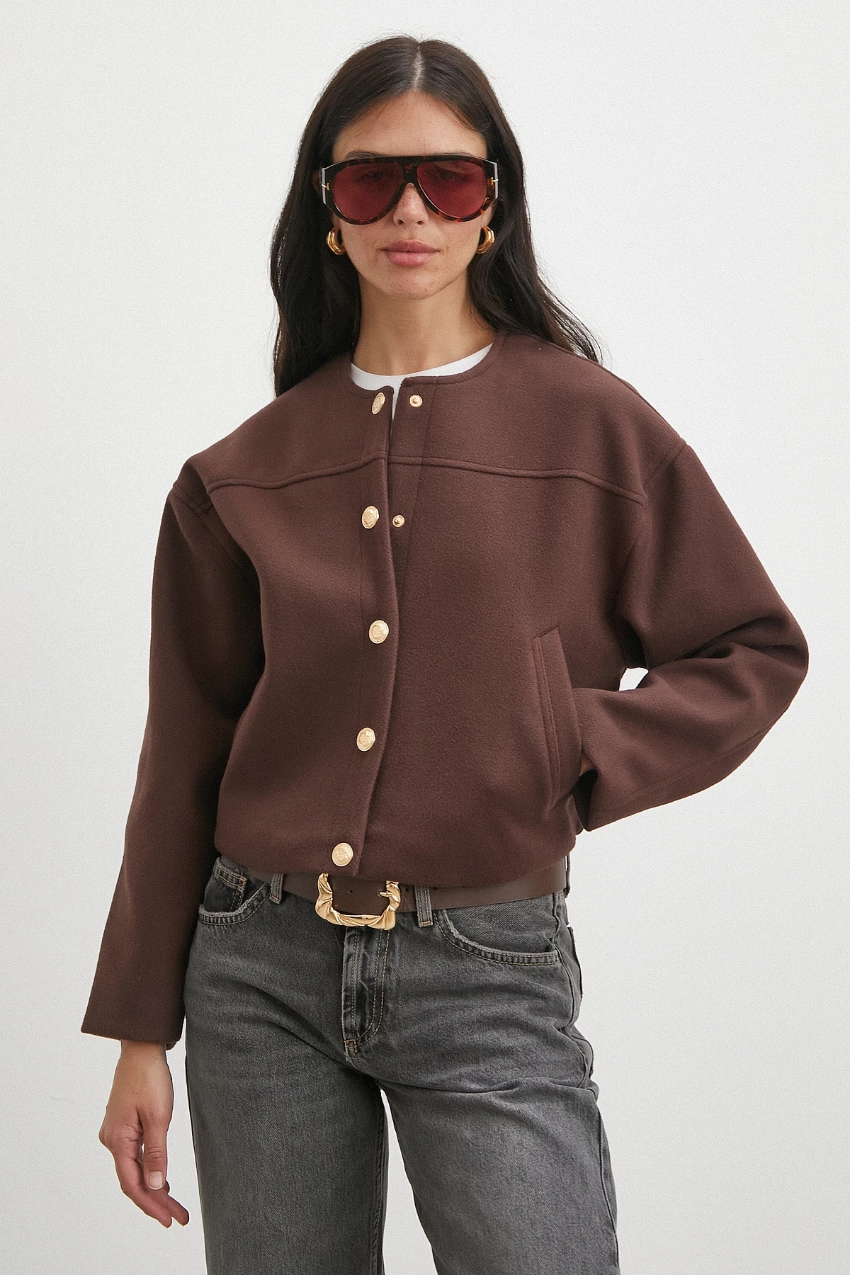 Beli Lastikli Düğmeli Bomber Ceket Kahve