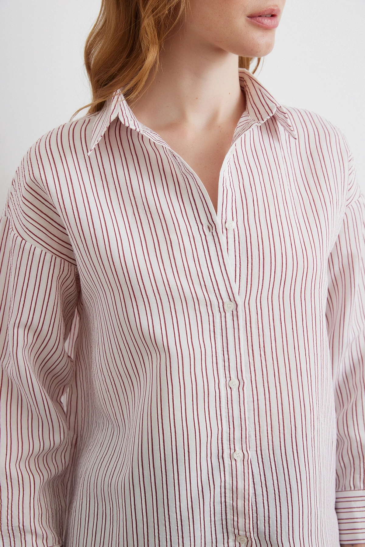 Simetrik Çizgili Gömlek Bordo