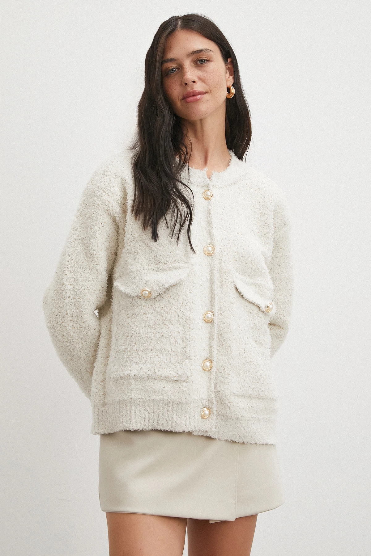 Cepli Düğmeli Simli Hırka Ekru