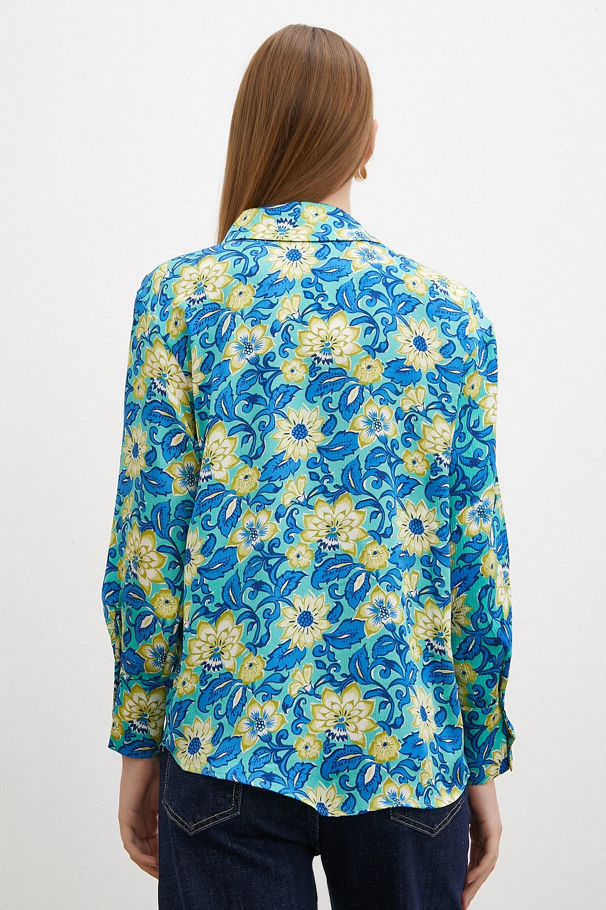 Lotus Desenli Gömlek Mavi