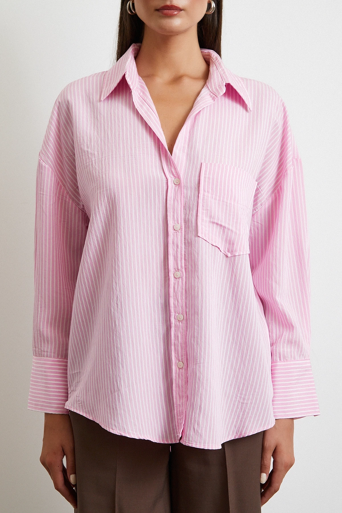 Çizgili Oversize Gömlek Pembe