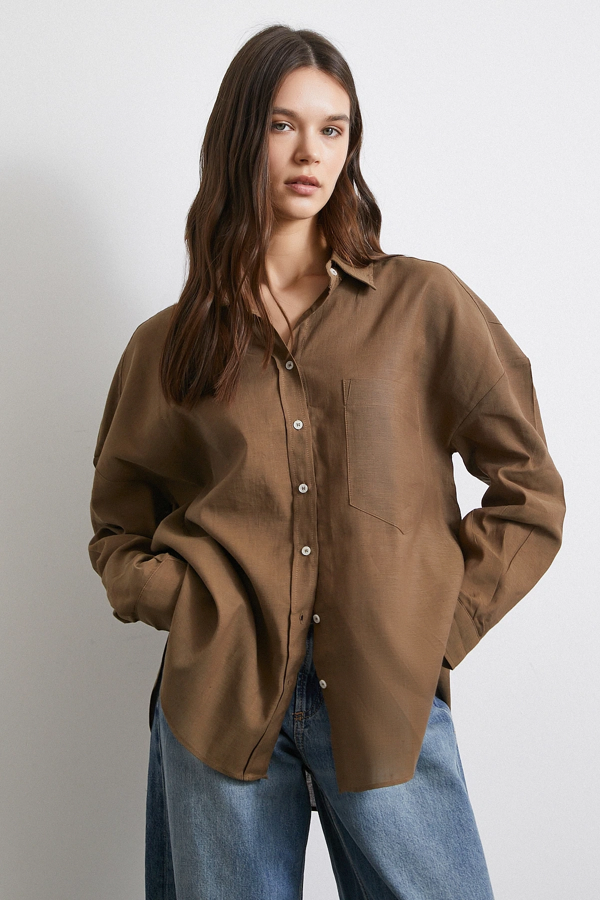 Cepli Oversize Keten  Gömlek Kahve