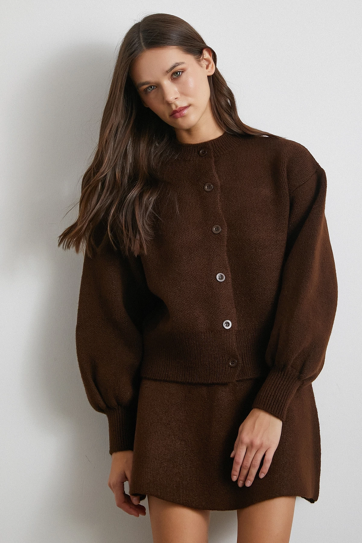 Hırka Etek Triko Takım Kahve