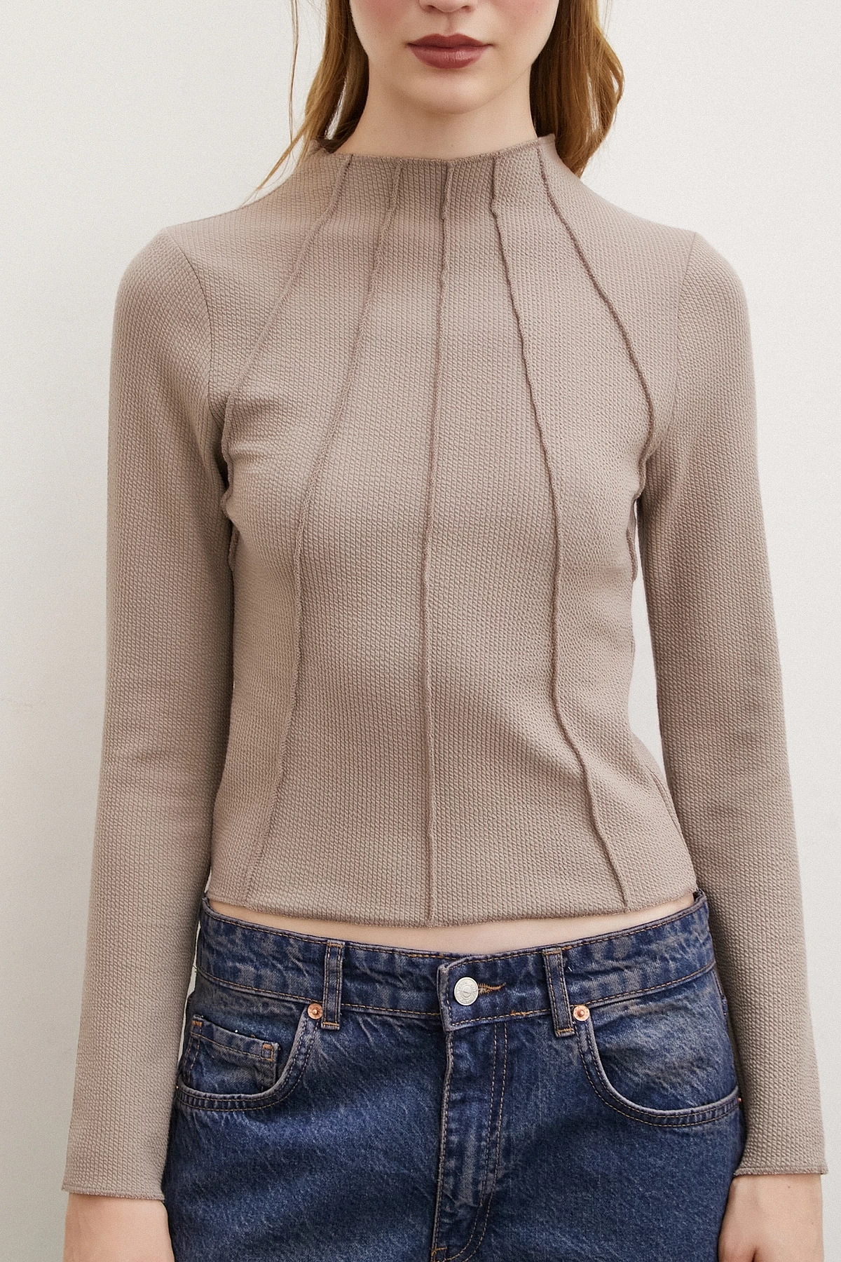 Önü Dikişli Bluz Vizon