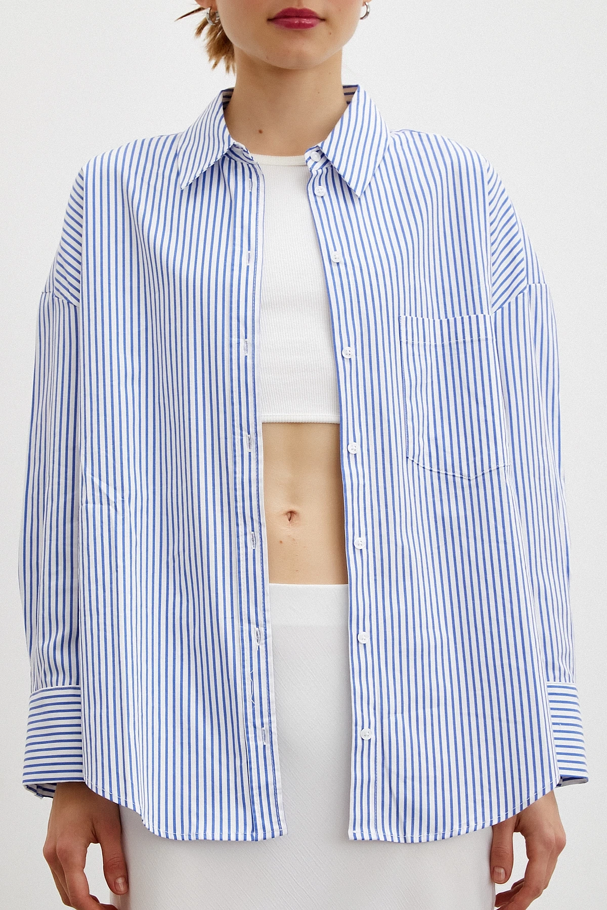 Çizgili Poplin Gömlek Mavi