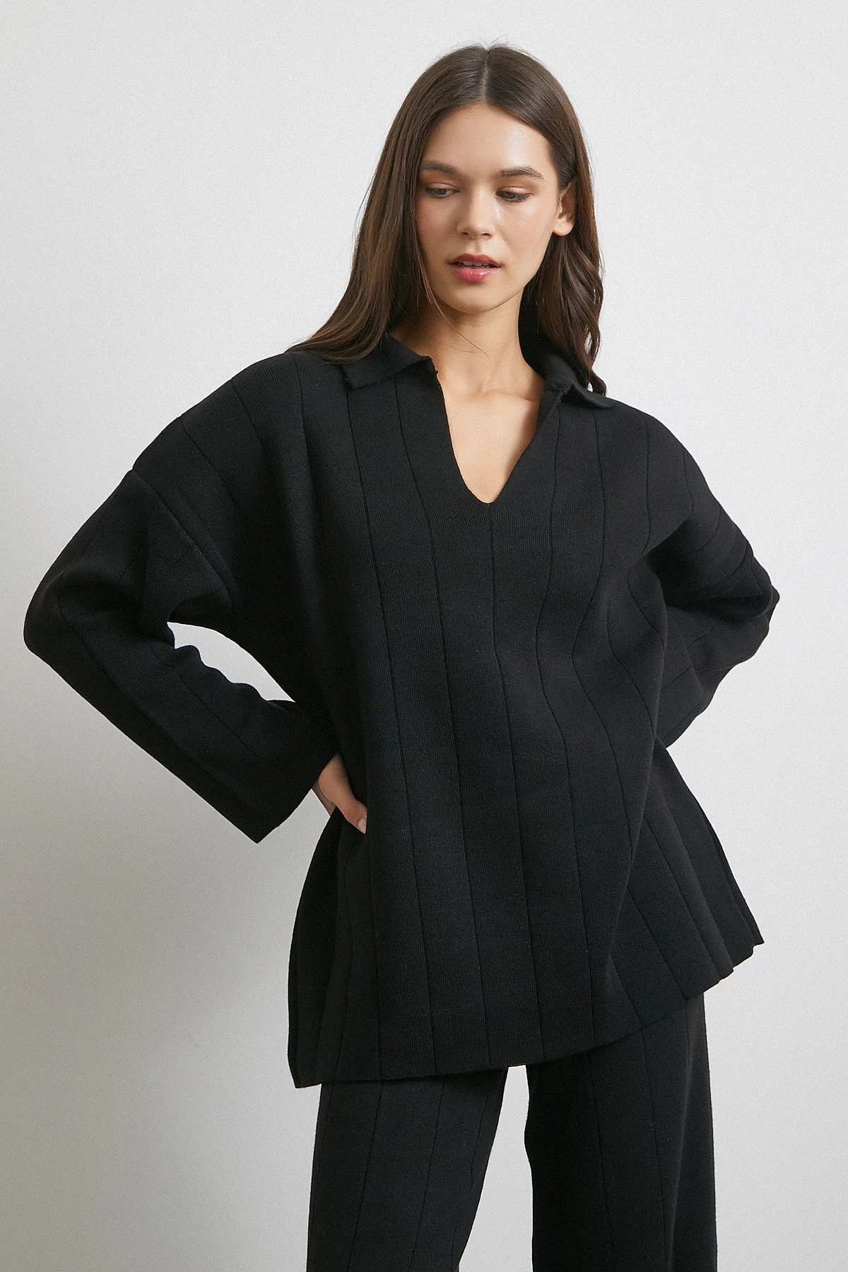 Polo Yaka Pantolonlu Triko Takım Siyah