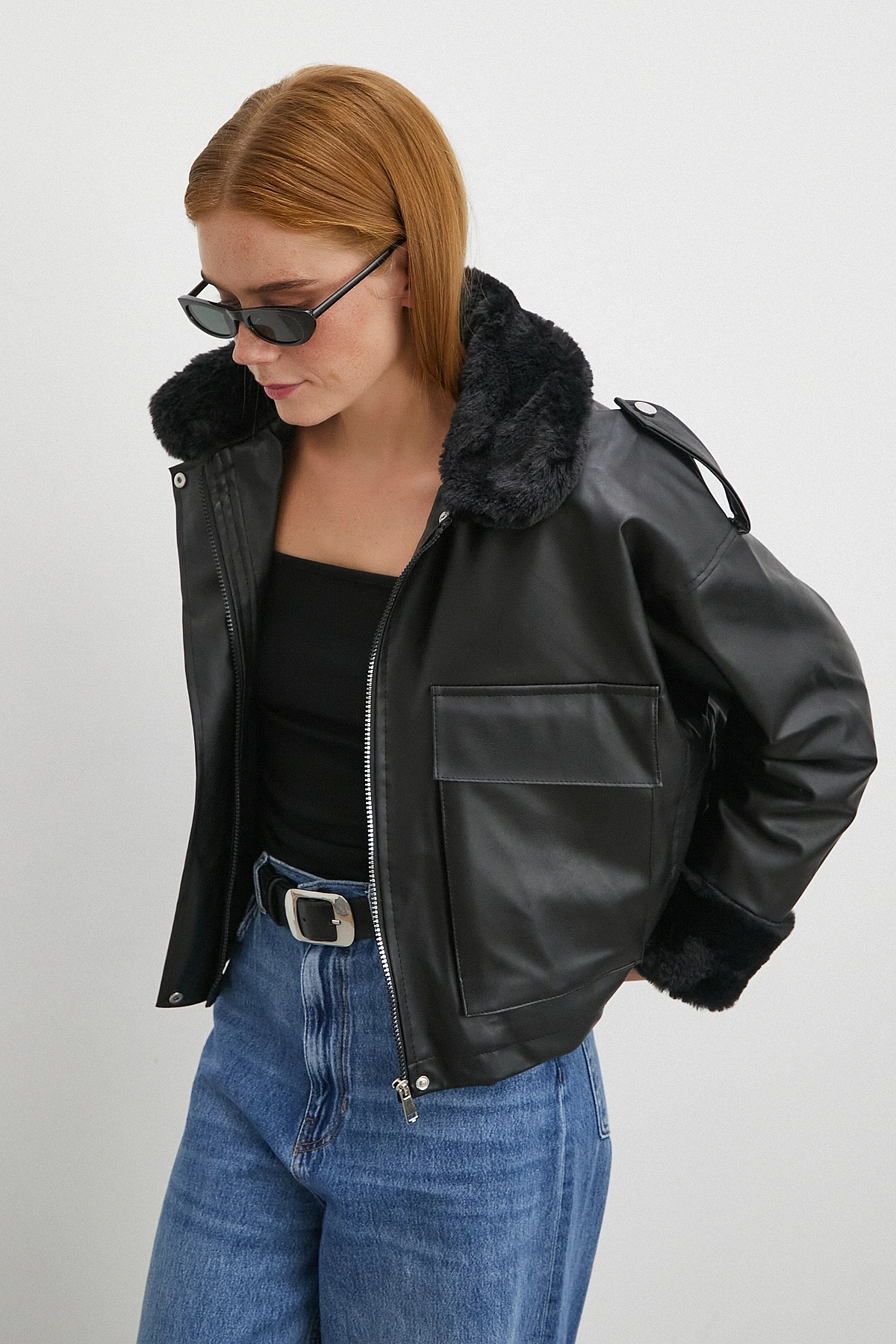 Kürk Detaylı Cepli Deri Mont Siyah