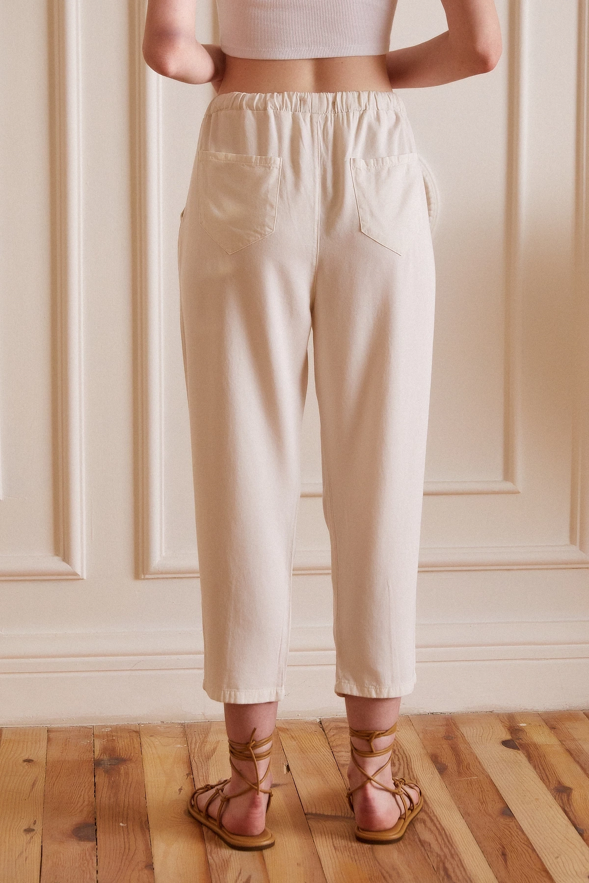 Beli İpli Salaş Gabardin Pantolon Ekru