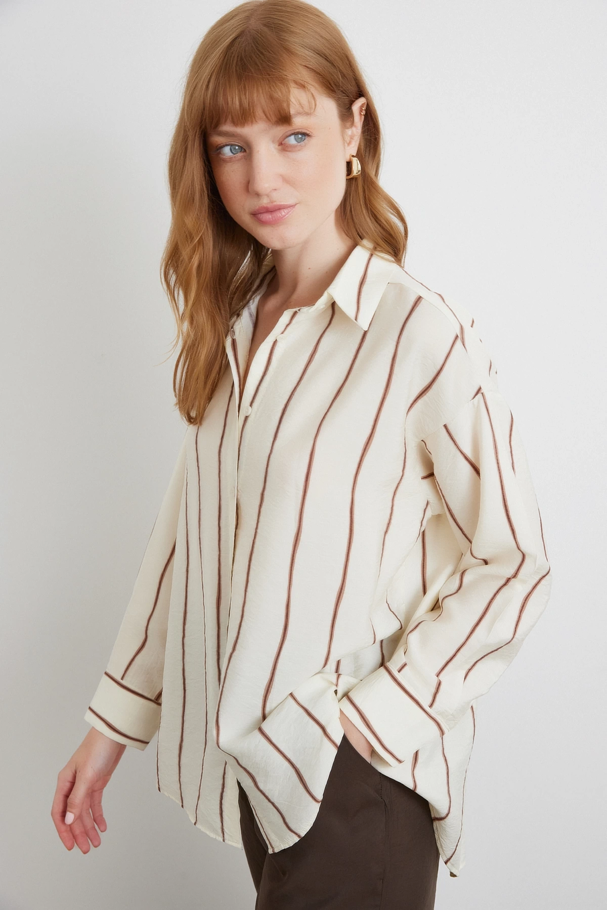 Çizgili Modal Gömlek Kahve