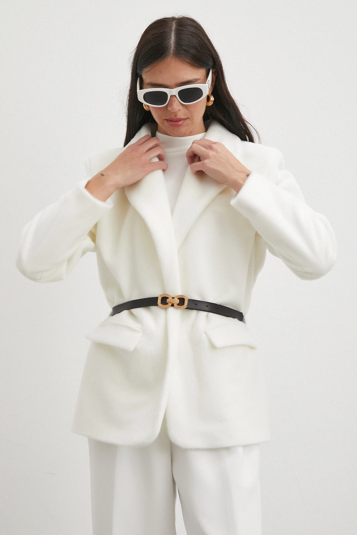 Kemerli Tay Flock Ceket Beyaz