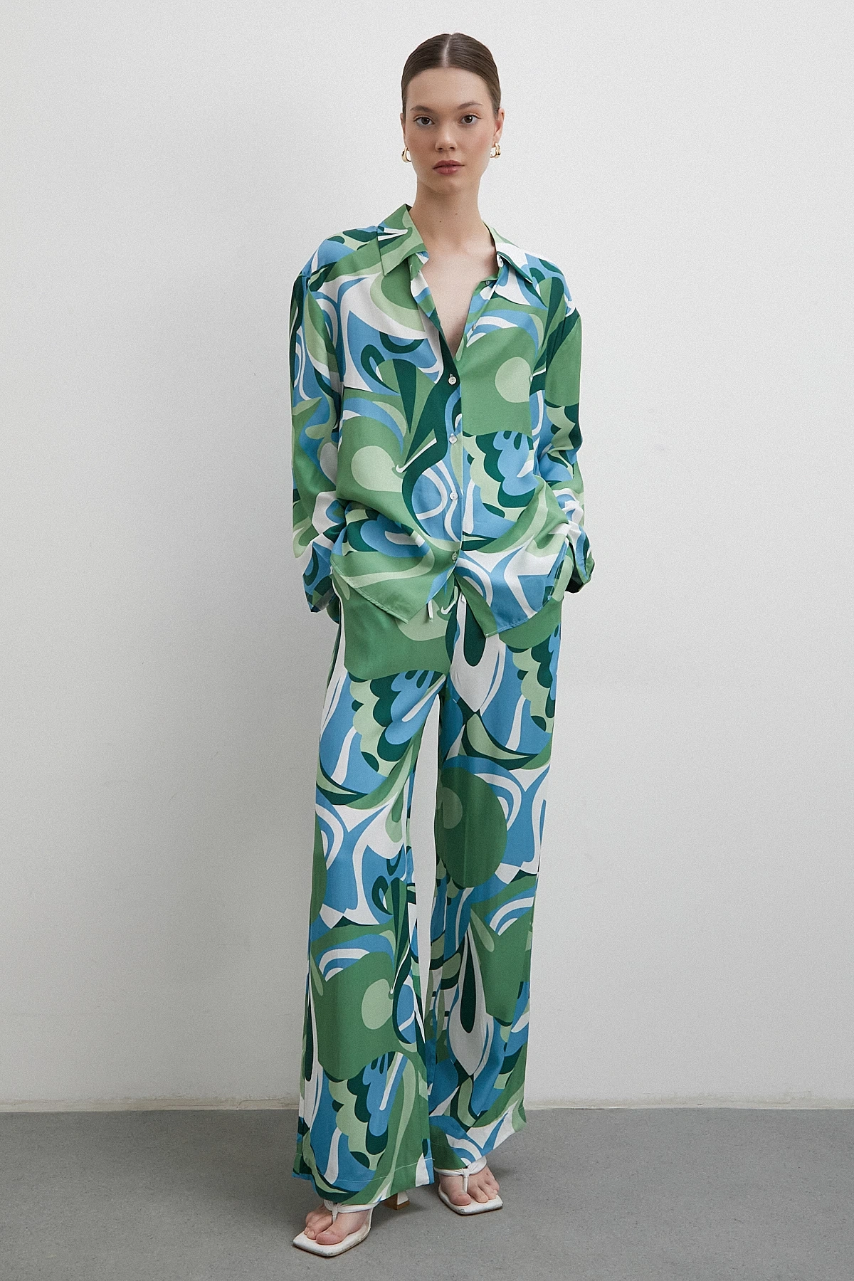 Beli Lastikli Desenli Pantolon Yeşil