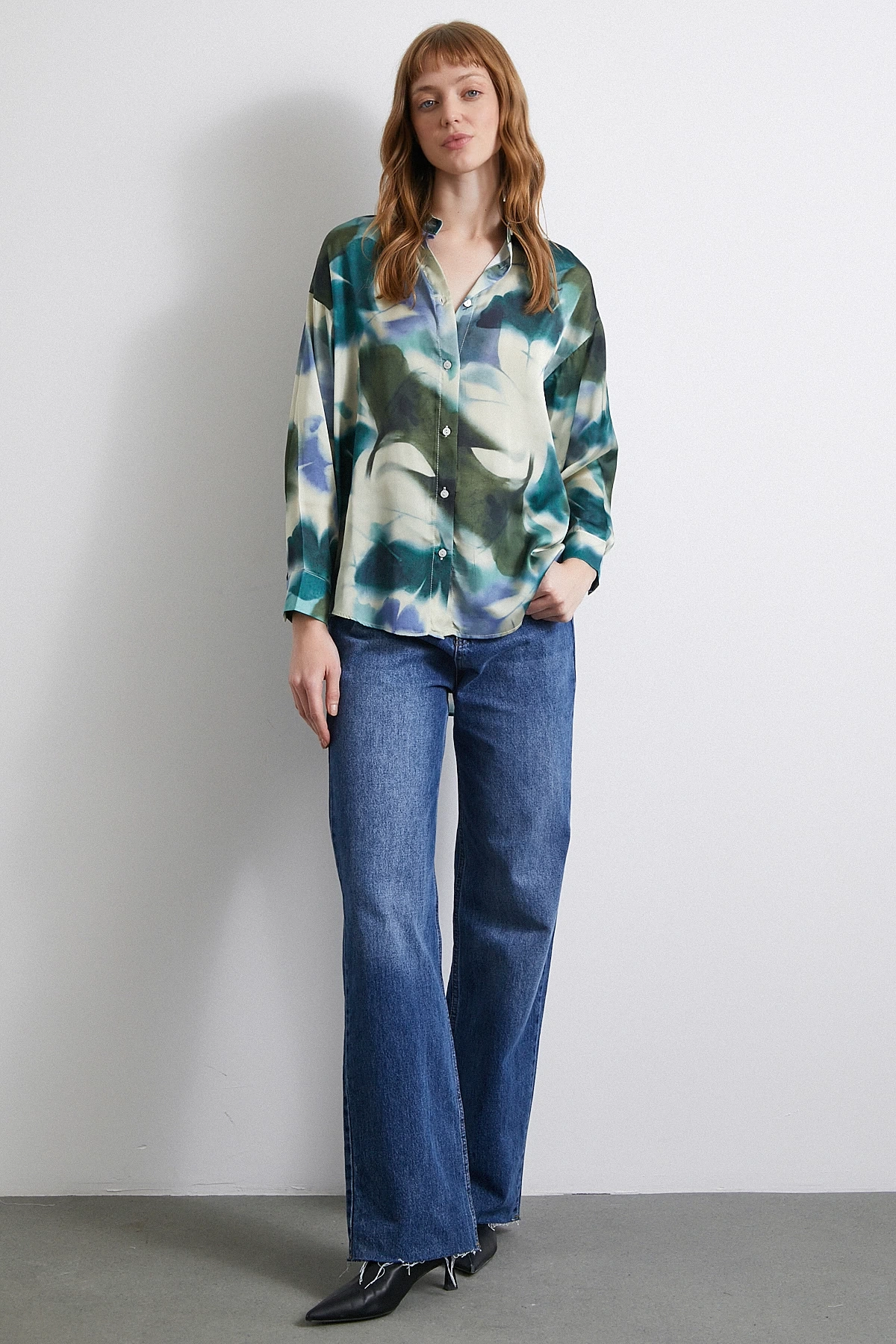 Batik Desen Saten Gömlek Petrol